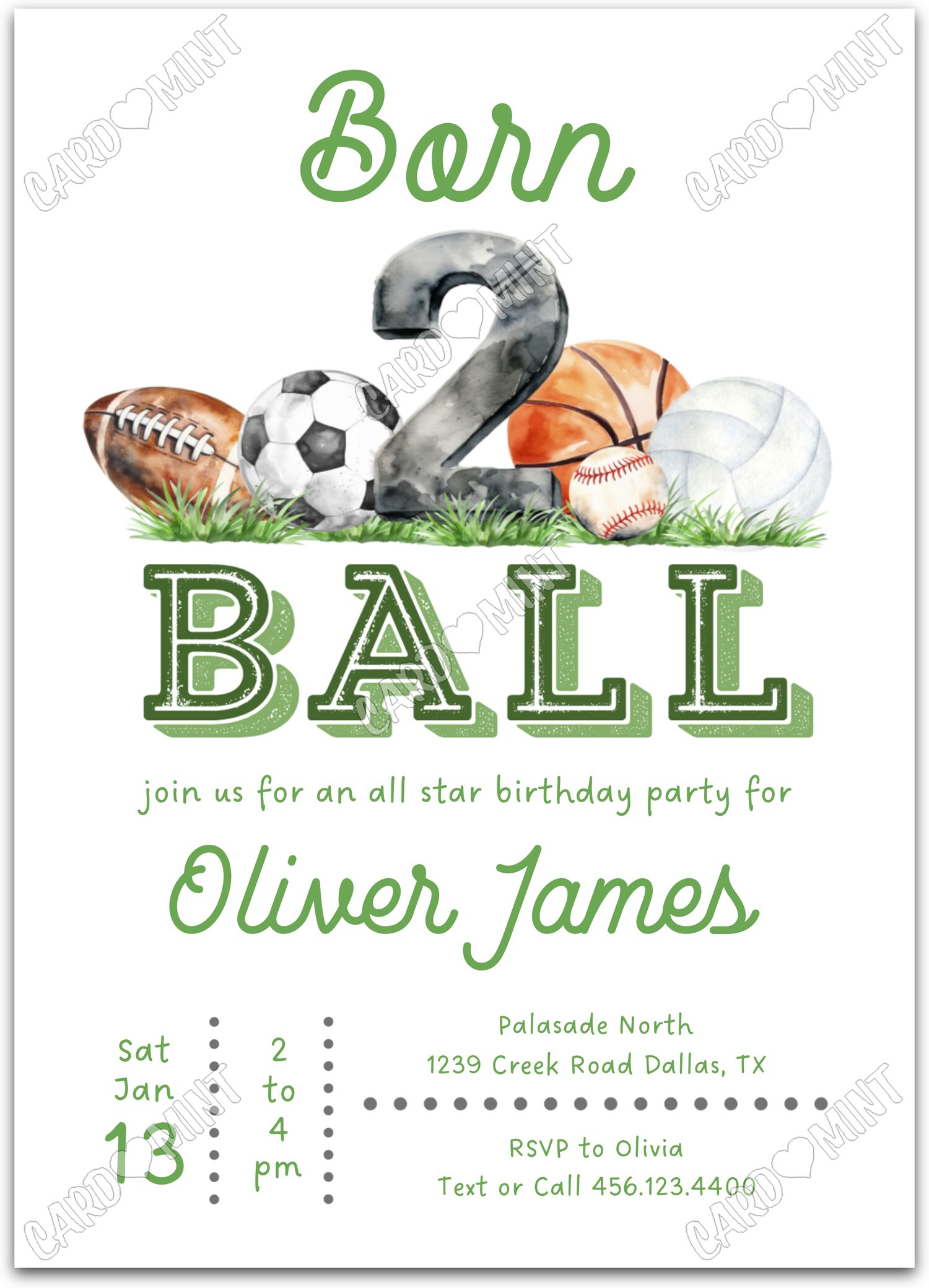 Editable Born 2 Ball green sports balls boy Birthday Party Invitation EV1232