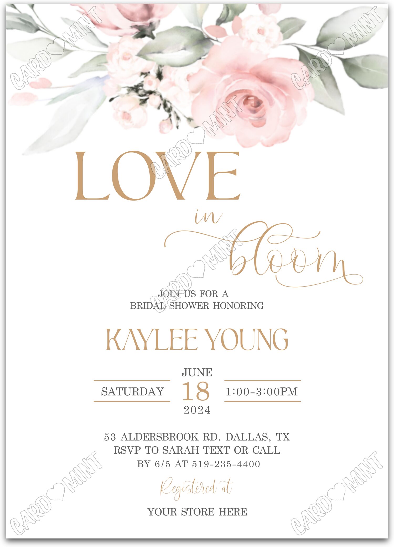 Editable Love in Bloom white pink roses Bridal Shower 5"x7" Invitation EV1255