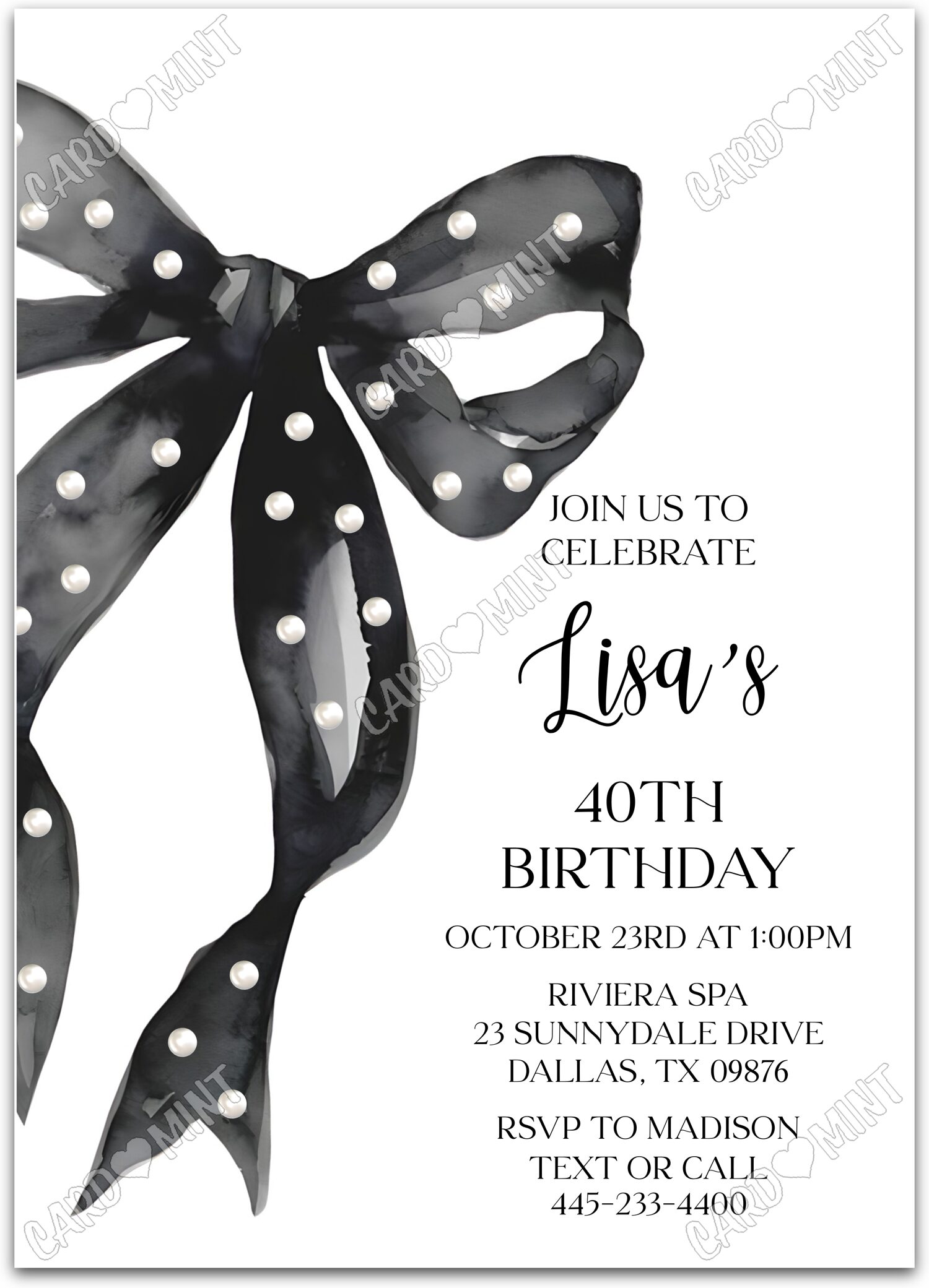 Editable Pearl Night black black bow with pearls woman Birthday Party 5"x7" Invitation EV1258