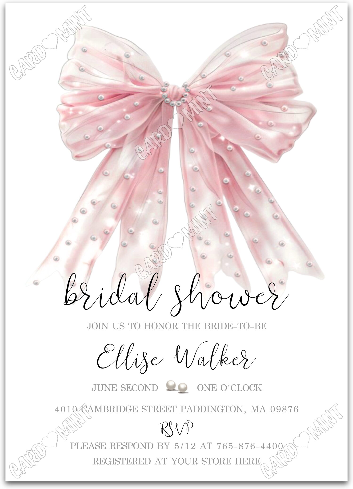 Editable Bridal Shower white pink bow w/pearls Bridal Shower 5"x7" Invitation EV1273