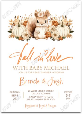 Editable Fall in Love Baby Shower Invitation printable or evite for fall, neutral with squirrel & pumpkins, orange EV1296