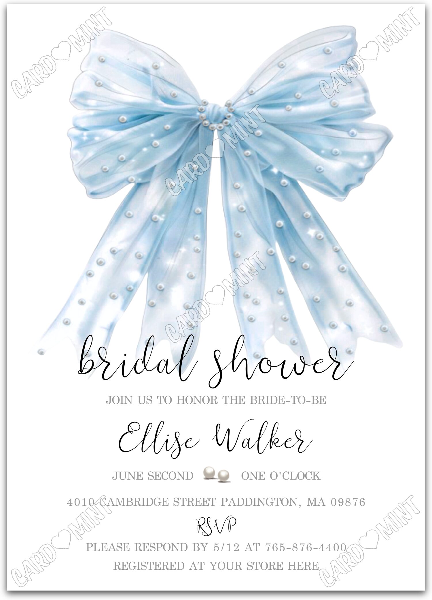 Editable Bridal Shower white blue bow w/pearls Bridal Shower 5"x7" Invitation EV1299