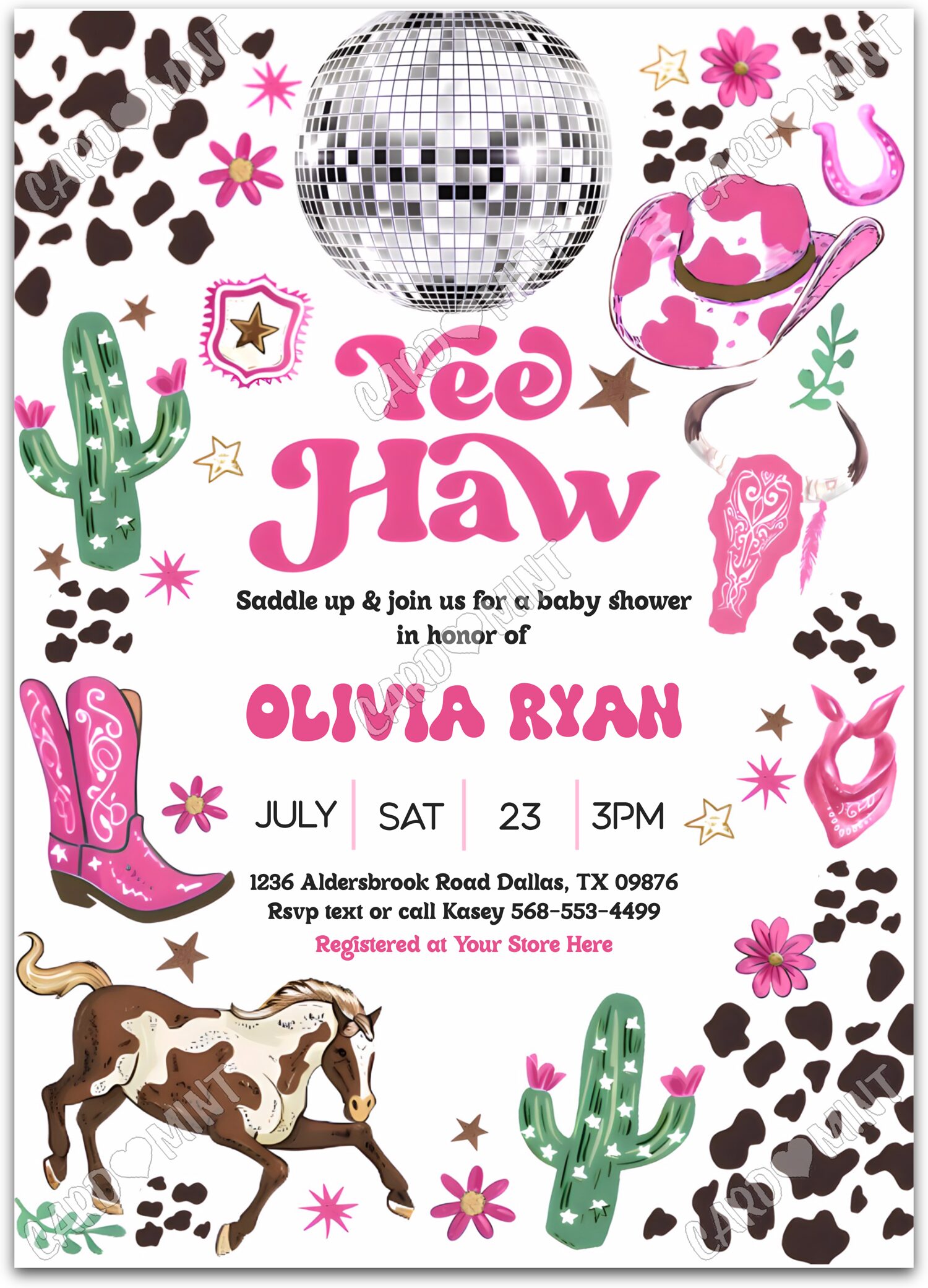 Editable Yee Haw pink cowgirl apparel girl Baby Shower 5"x7" Invitation EV1306