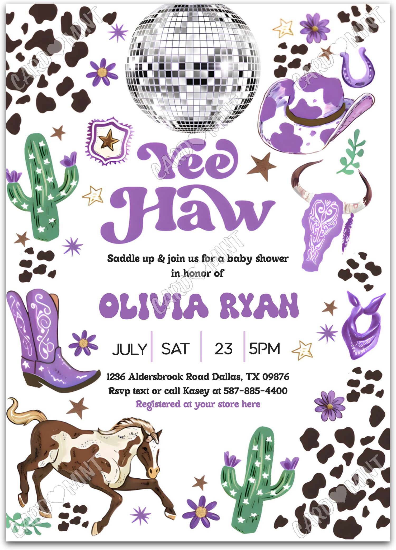 Editable Yee Haw purple cowgirl apparel girl Baby Shower 5"x7" Invitation EV1307