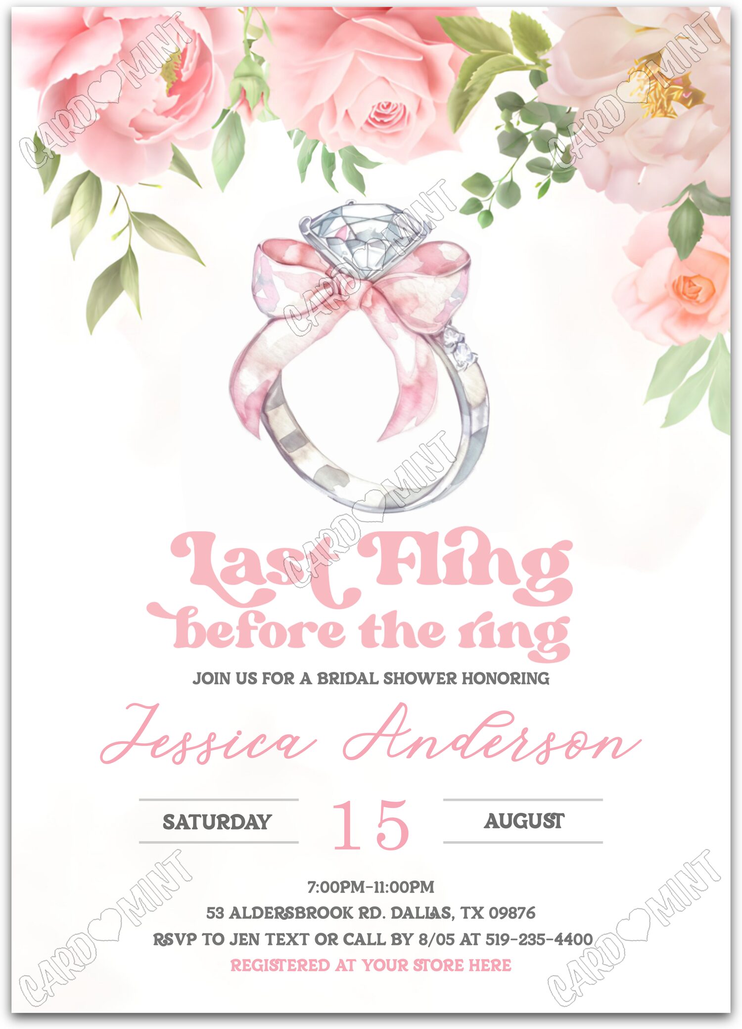 Editable Last Fling diamond ring with pink bow & floral pattern Bridal Shower 5"x7" Invitation EV1310
