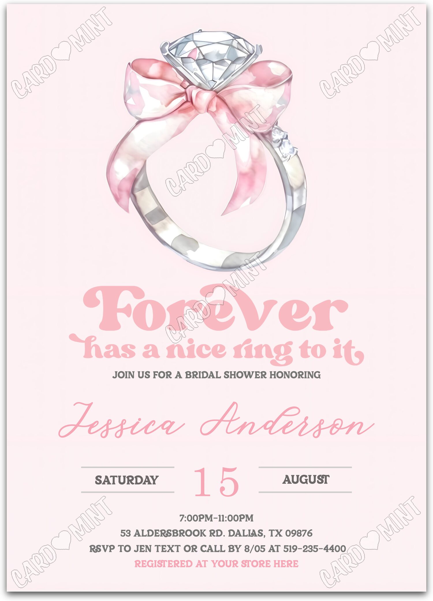 Editable Forever Together pink diamond ring with pink bow Bridal Shower 5"x7" Invitation EV1312