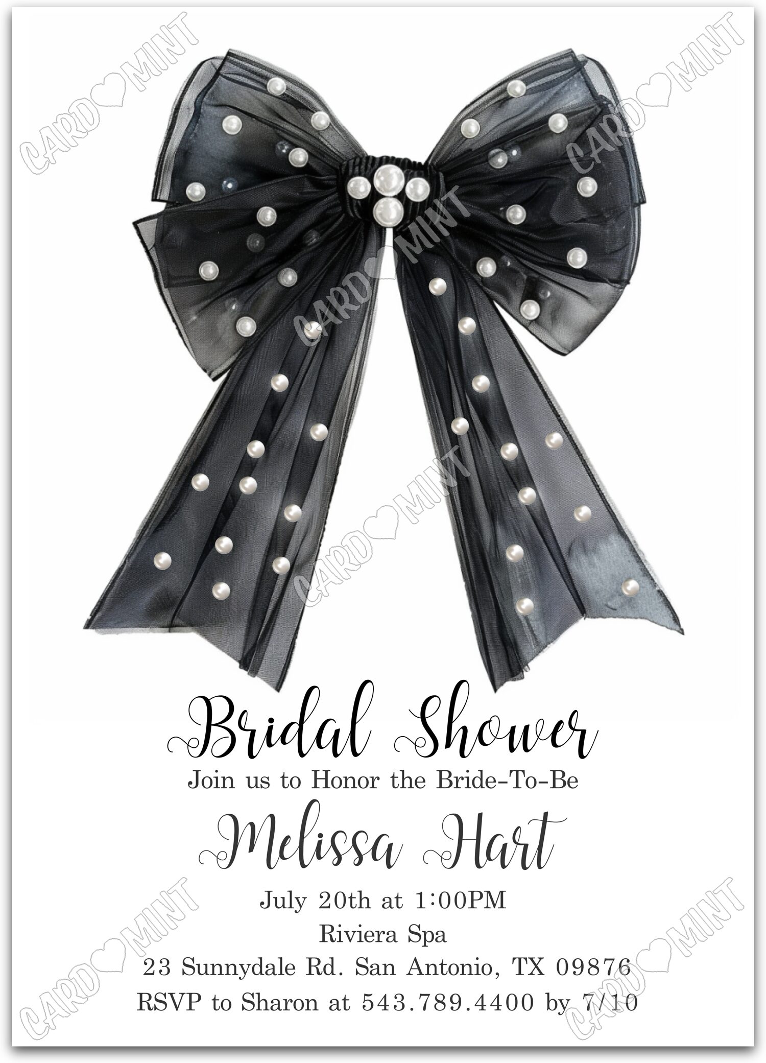 Editable Black Bow white black bow & pearls Bridal Shower 5"x7" Invitation EV1319