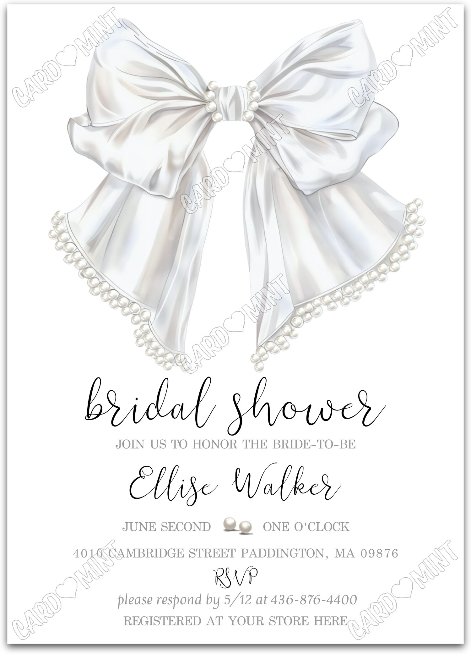 Editable Pearls & White Bow white bow and pearls Bridal Shower 5"x7" Invitation EV1320