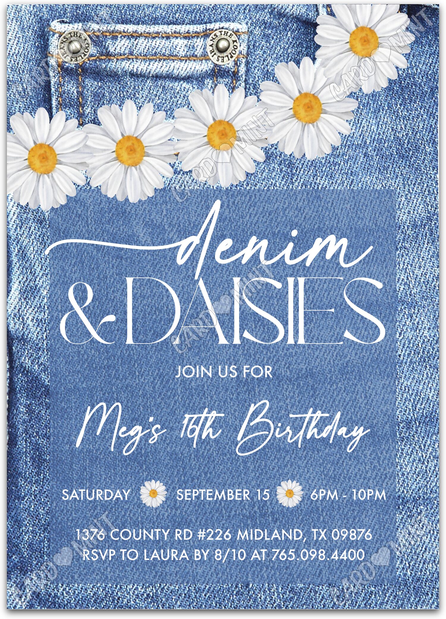 Editable Denim & Daisies blue denim & daisies girl Birthday Party Invitation EV1336