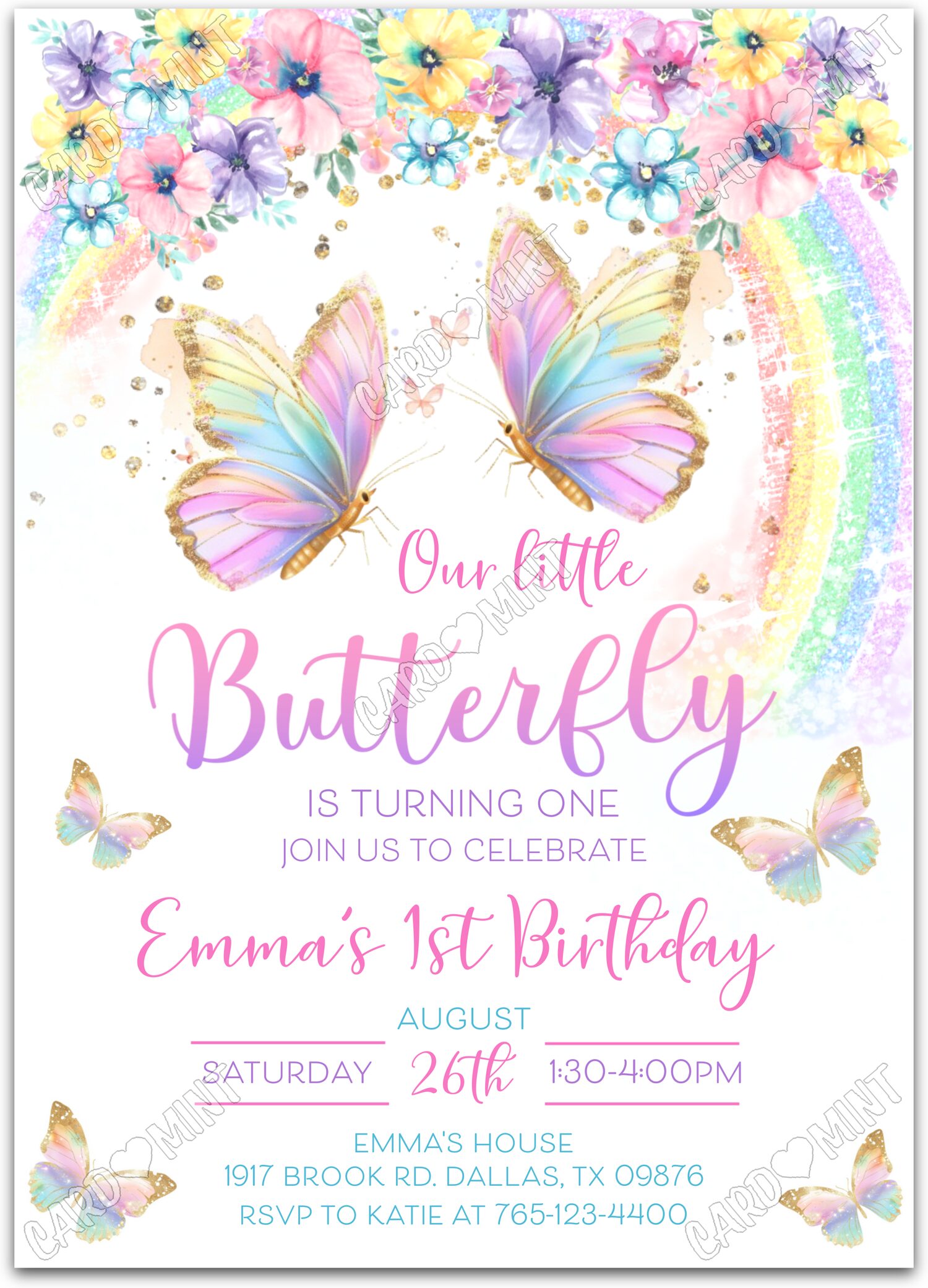 Editable Our Little Butterfly colorful rainbow butterflies & flowers girl First Birthday Party 5"x7" Invitation EV1343