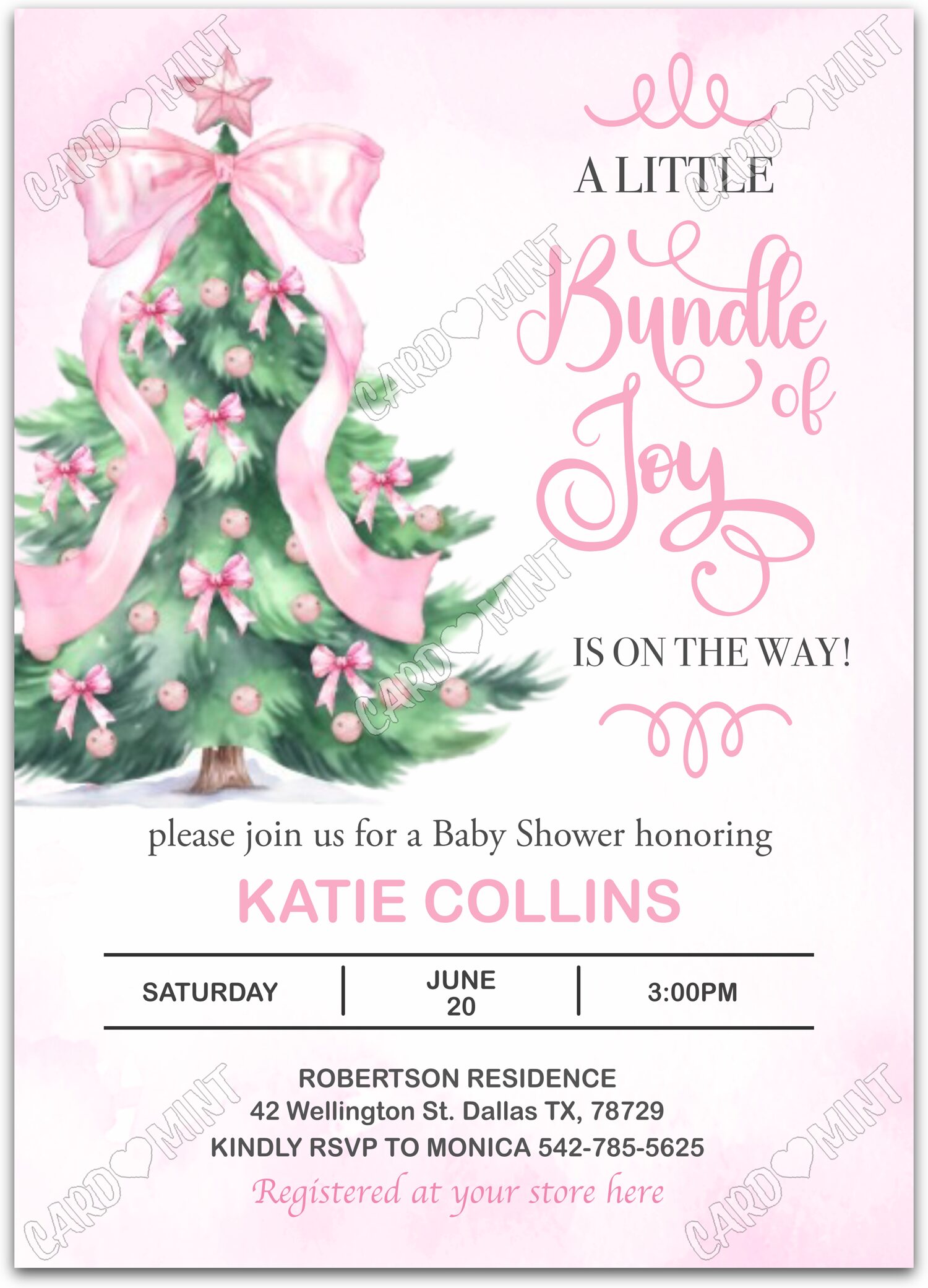 Editable Bundle of Joy pink Christmas tree & bows girl Christmas Christmas Baby Shower 5"x7" Invitation EV1370