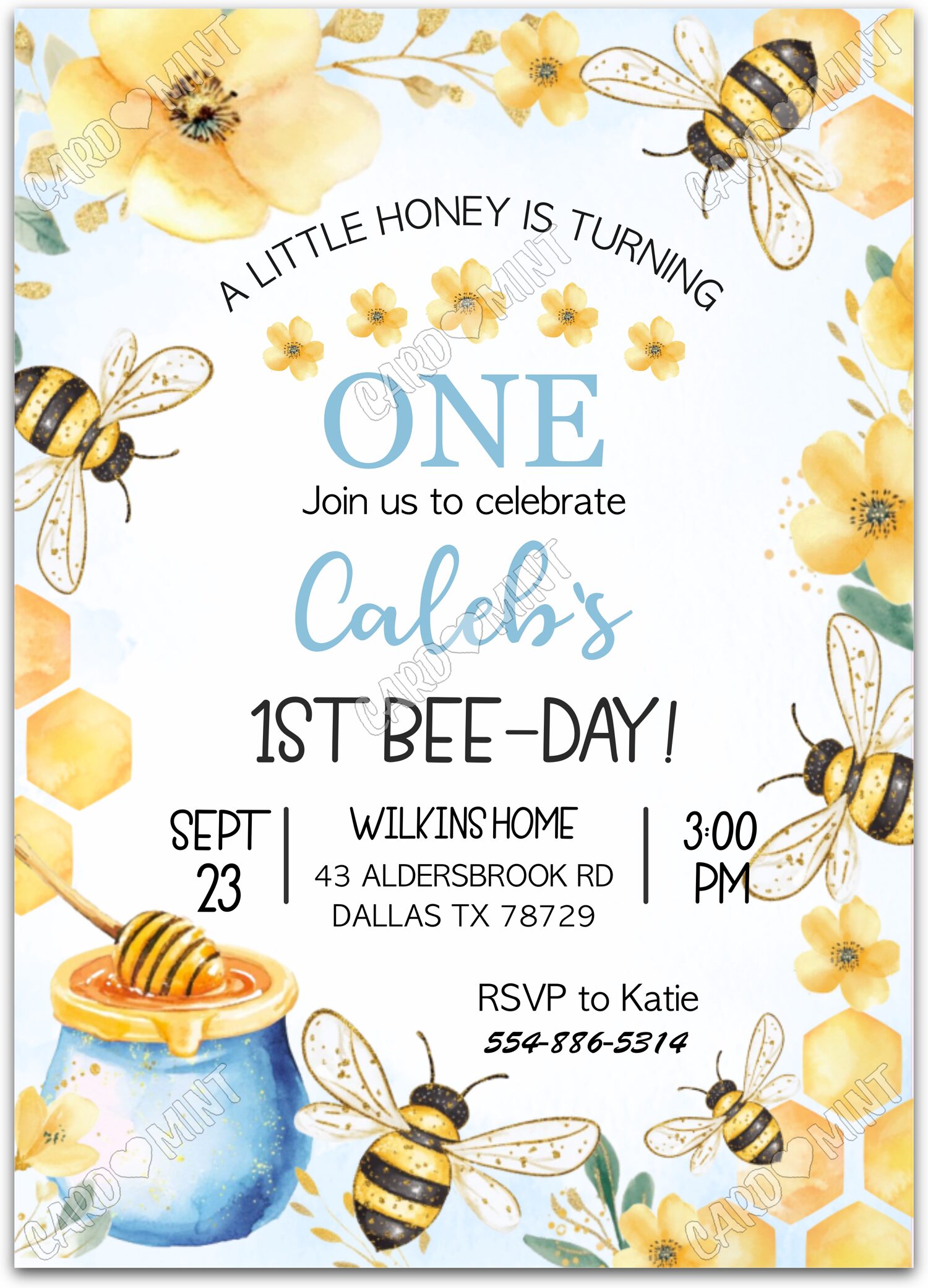 Editable A Little Honey white honeybees boy Birthday Party 5"x7" Invitation EV1375