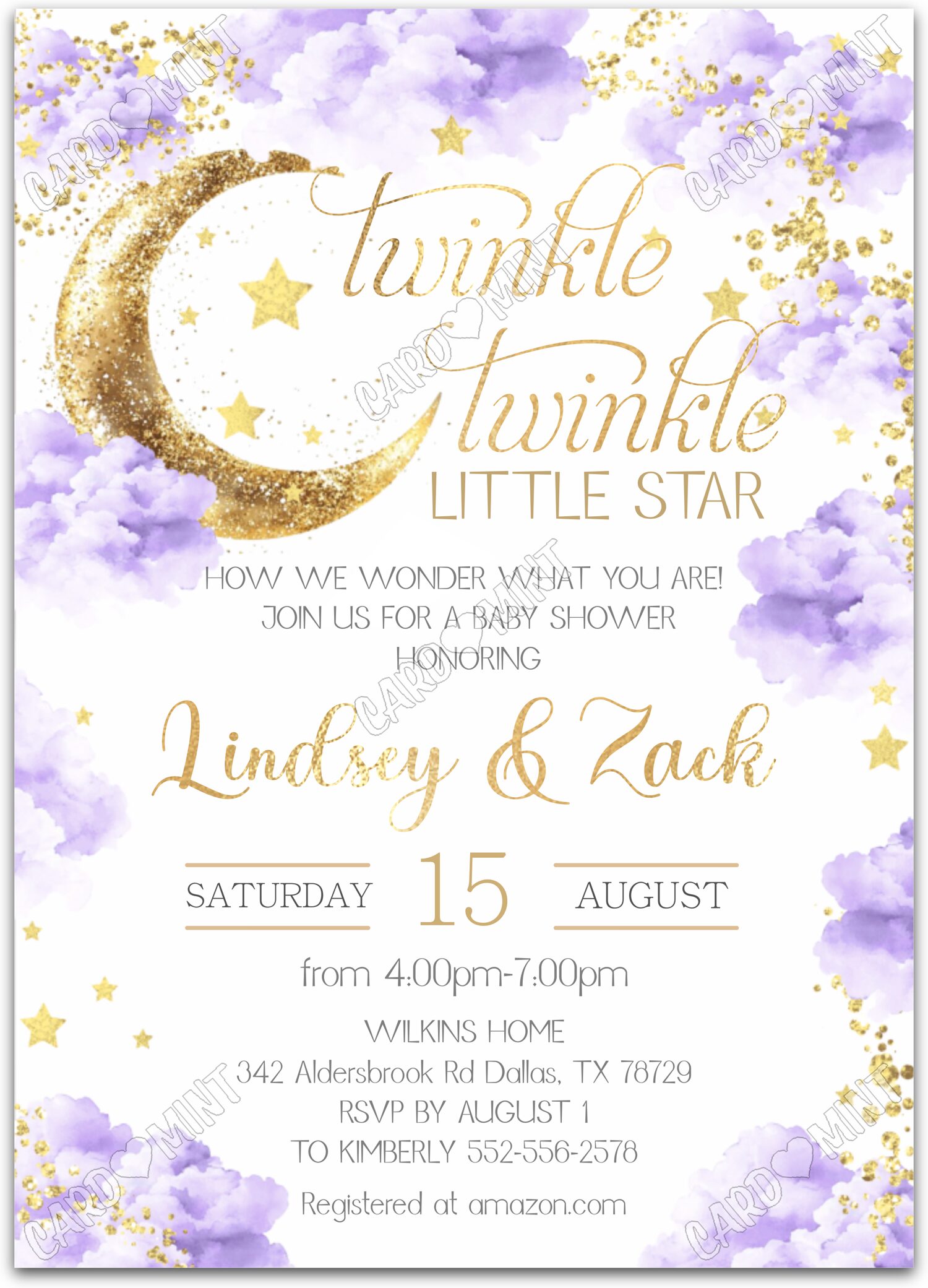Editable Twinkle Twinkle purple gold moon, stars & glitter girl Baby Shower 5"x7" Invitation EV1388