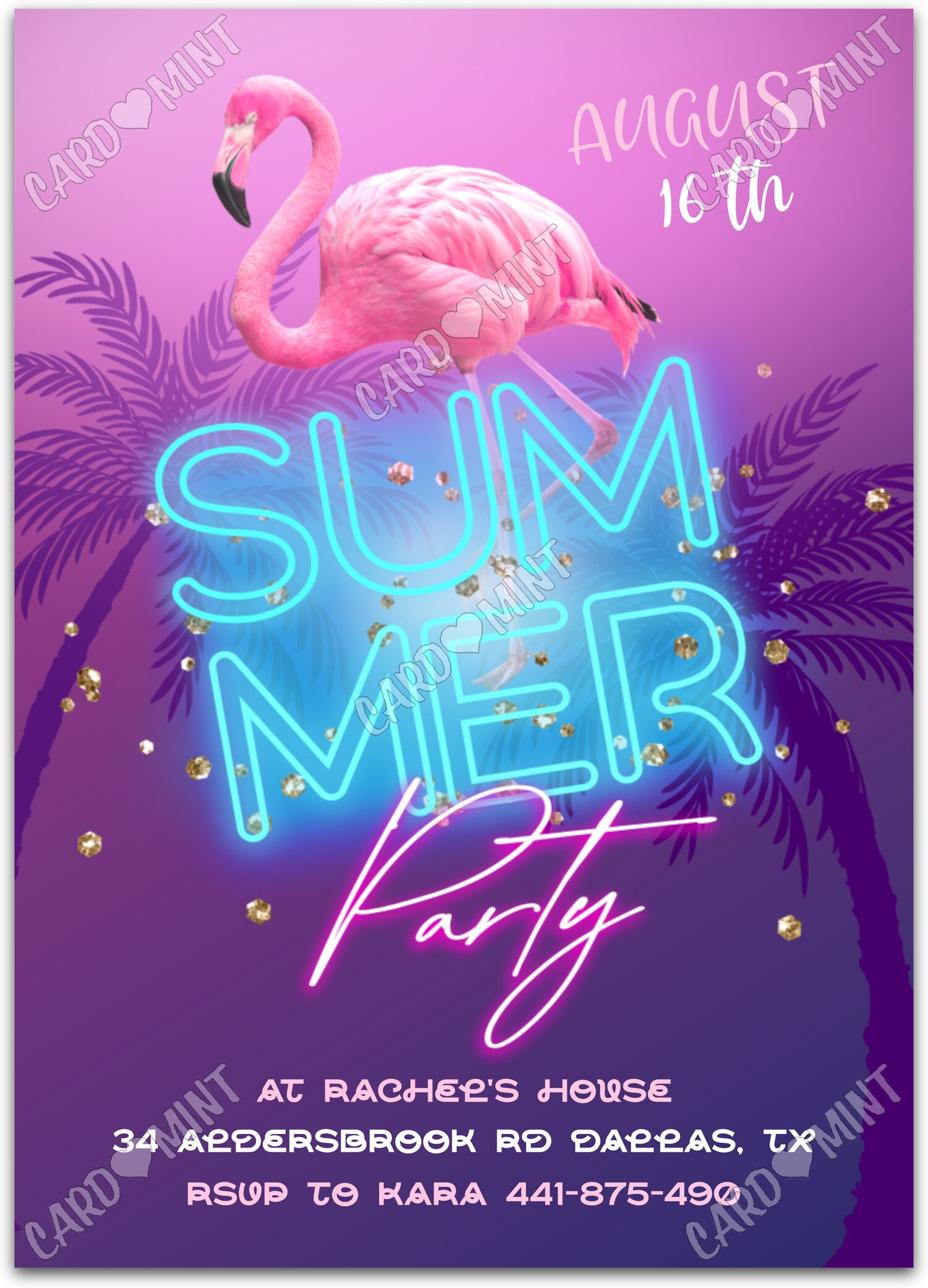 Editable Neon Summer Party neon pink pink flamingo girl summer Birthday Party 5"x7" Invitation EV1410