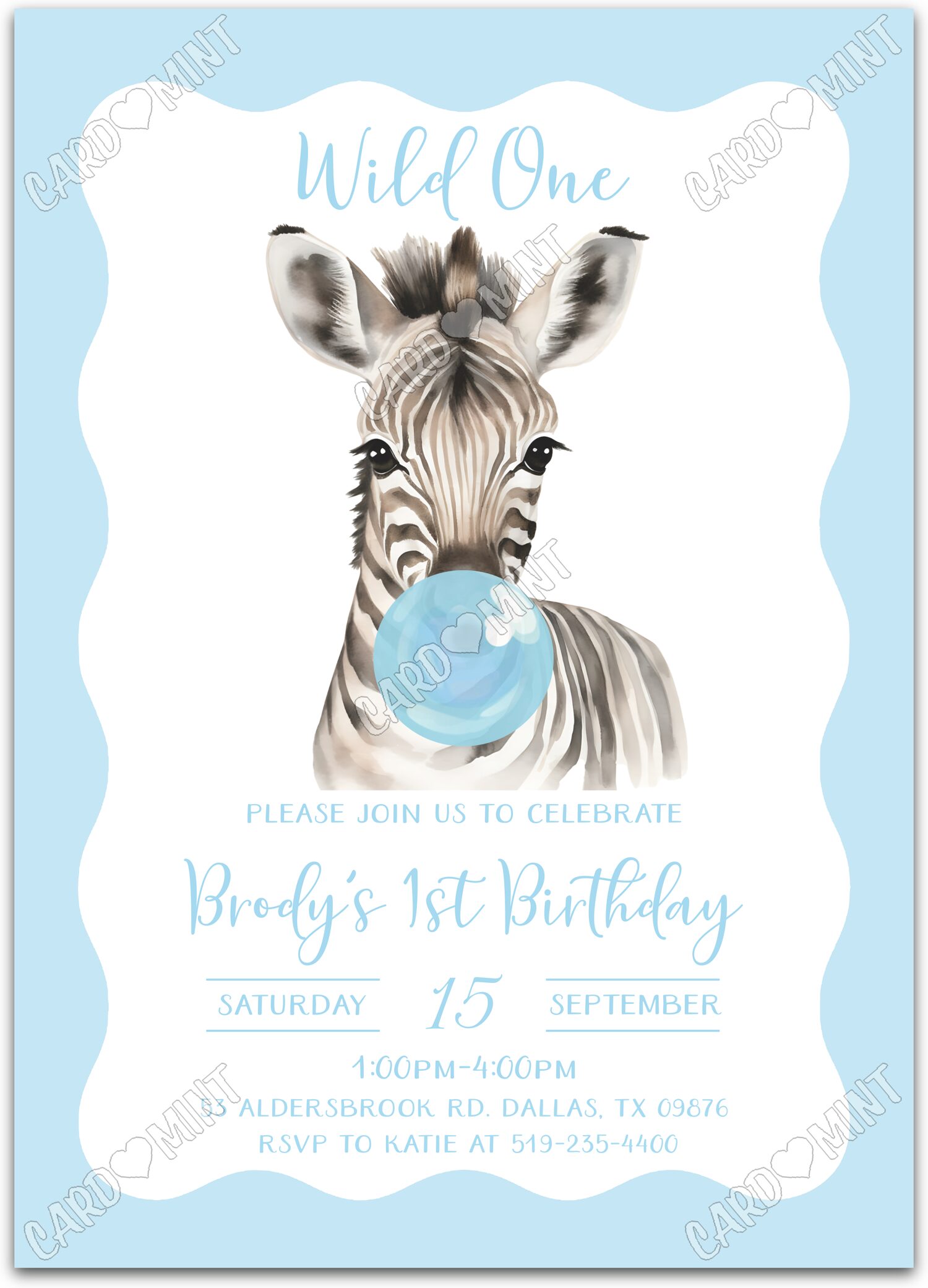 Editable Wild One blue baby zebra blowing bubble gum boy First Birthday Party 5"x7" Invitation EV1416