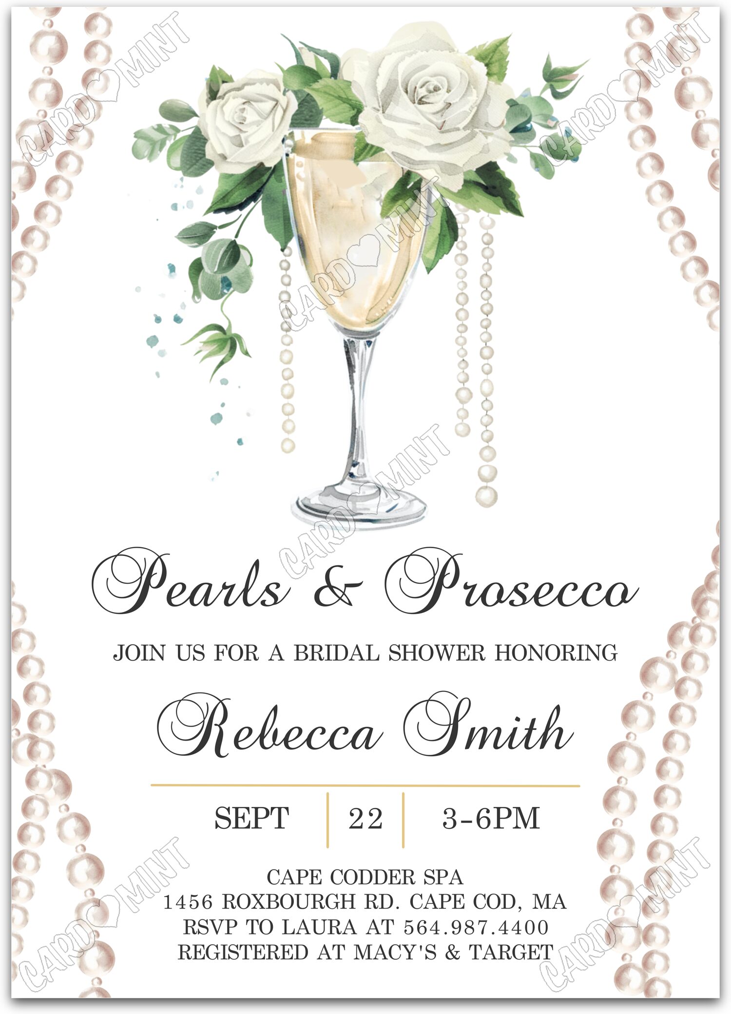Editable White Pearls and Prosecco white wine & white roses Bridal Shower Invitation EV1432