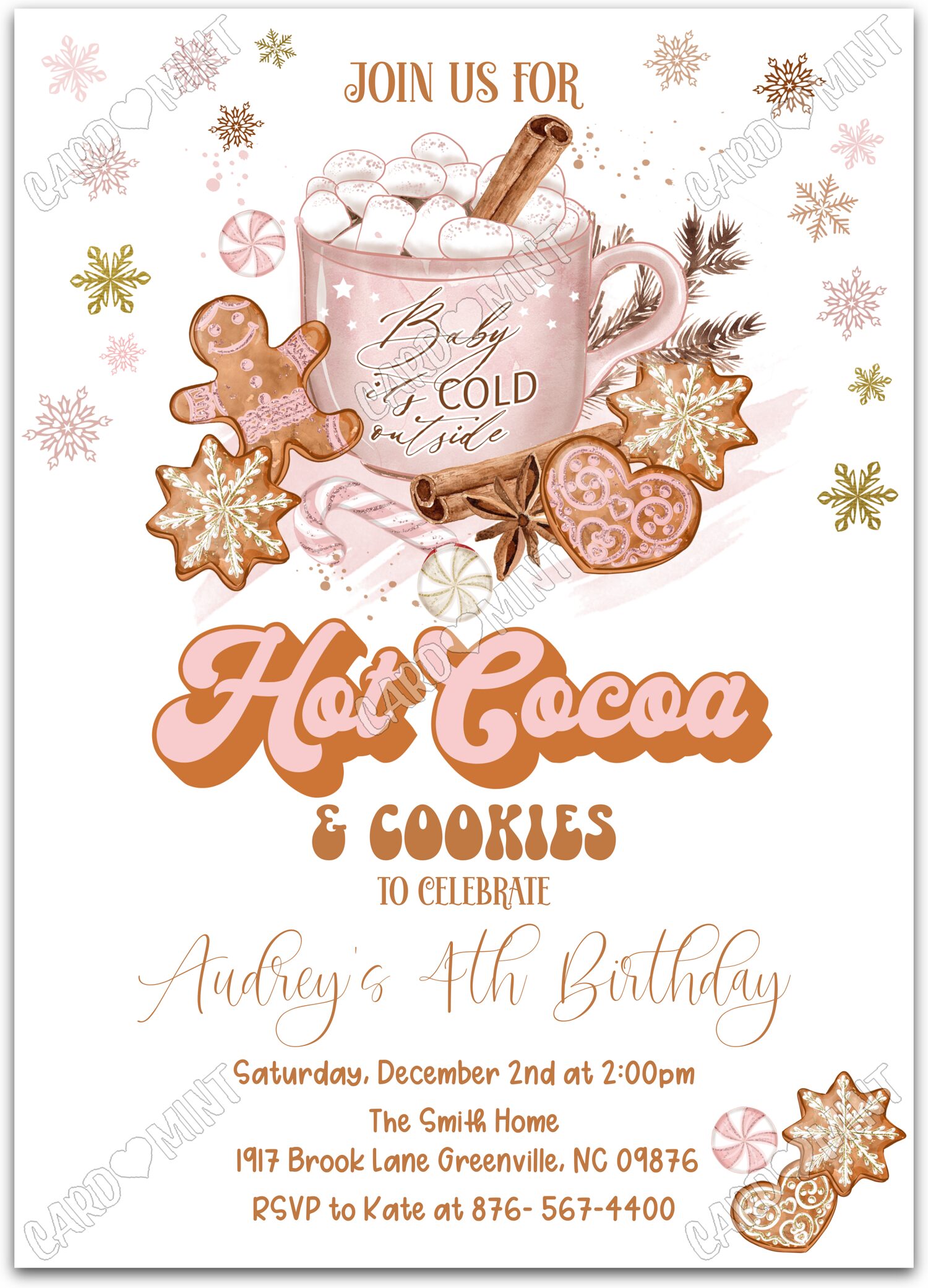 Editable Hot Cocoa & Cookies white hot cocoa & cookies girl Birthday Party 5"x7" Invitation EV1471