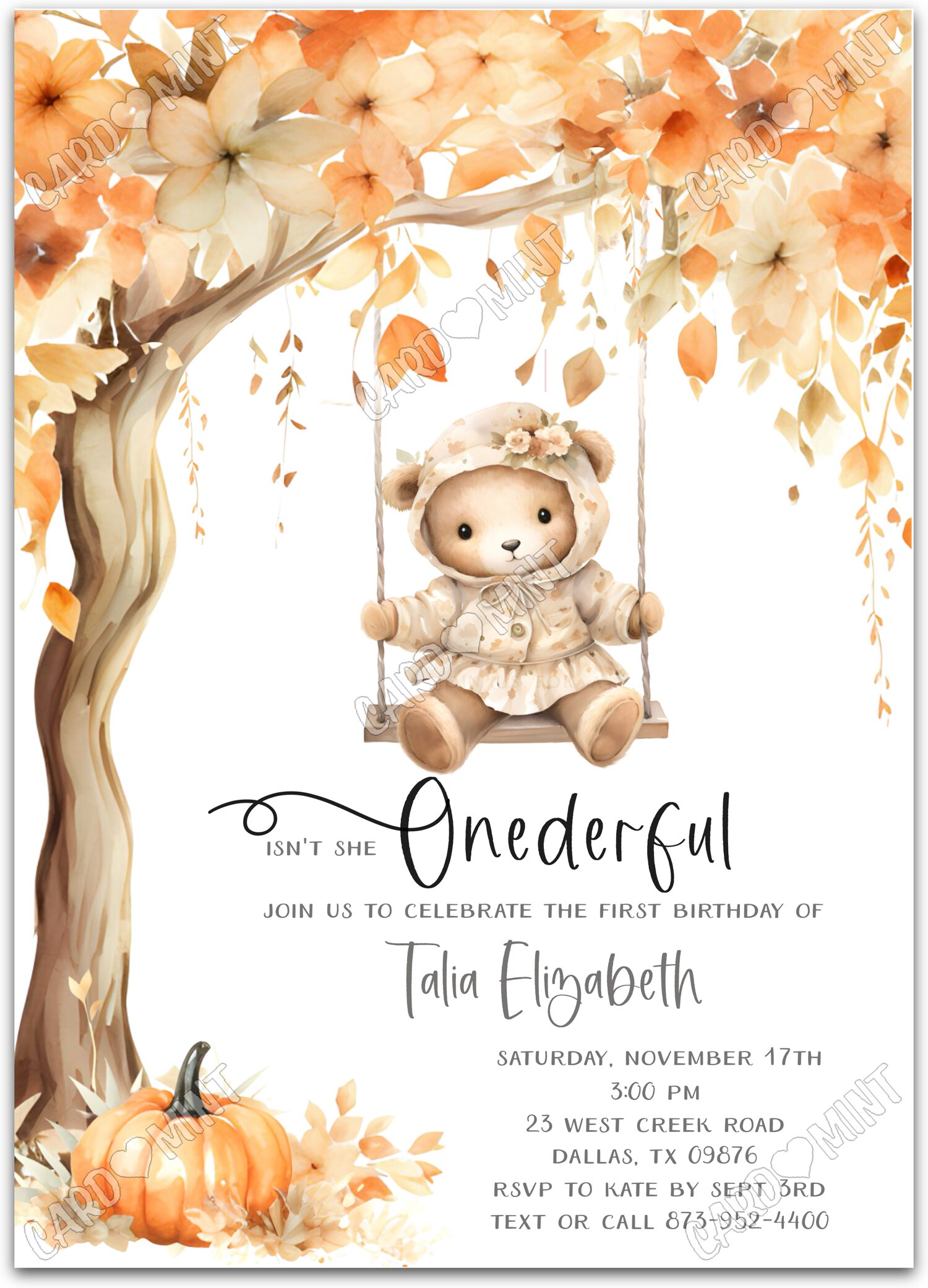 Editable Isn't She Onederful white fall baby bear girl fall First Birthday Party 5"x7" Invitation EV1485