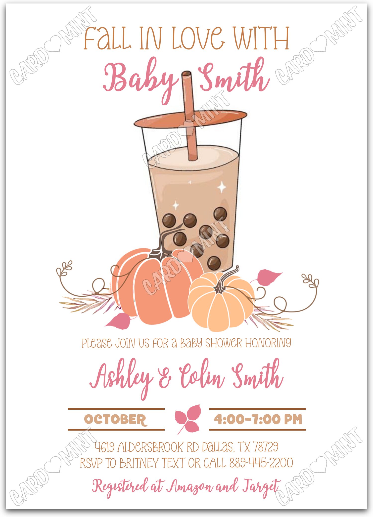 Editable Fall in Love white bubble tea & pumpkins girl fall Baby Shower 5"x7" Invitation EV1487