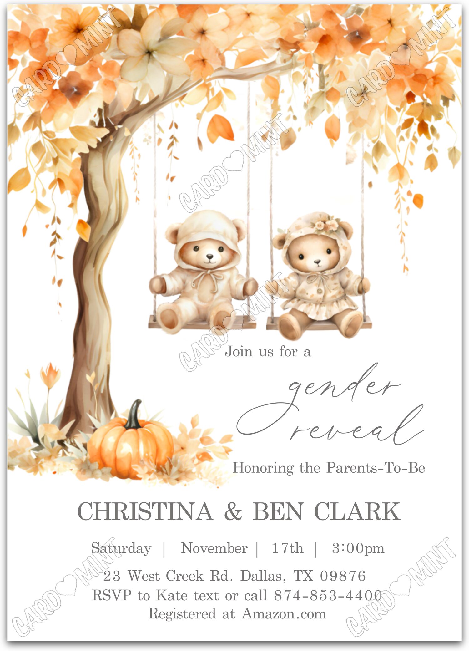 Editable Fall Baby Bears white baby bears in hoodies fall Gender Reveal 5"x7" Invitation EV1489