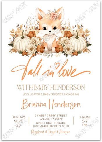 Editable Fall In Love Baby Shower Invitation printable or evite for fall, neutral with little fox, white EV1490