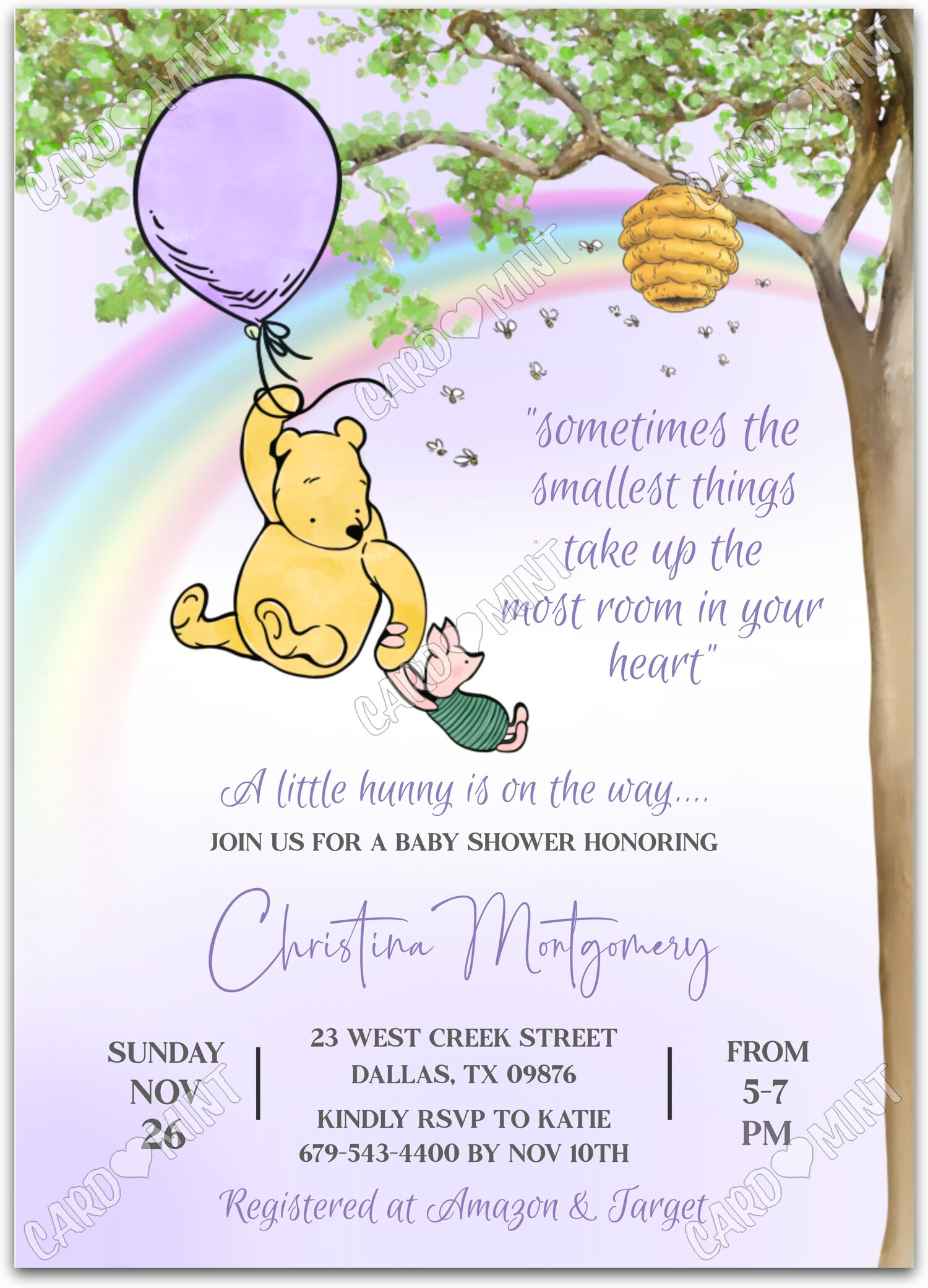 Editable A Little Hunny lavender Winnie the Pooh girl Baby Shower 5"x7" Invitation EV1495