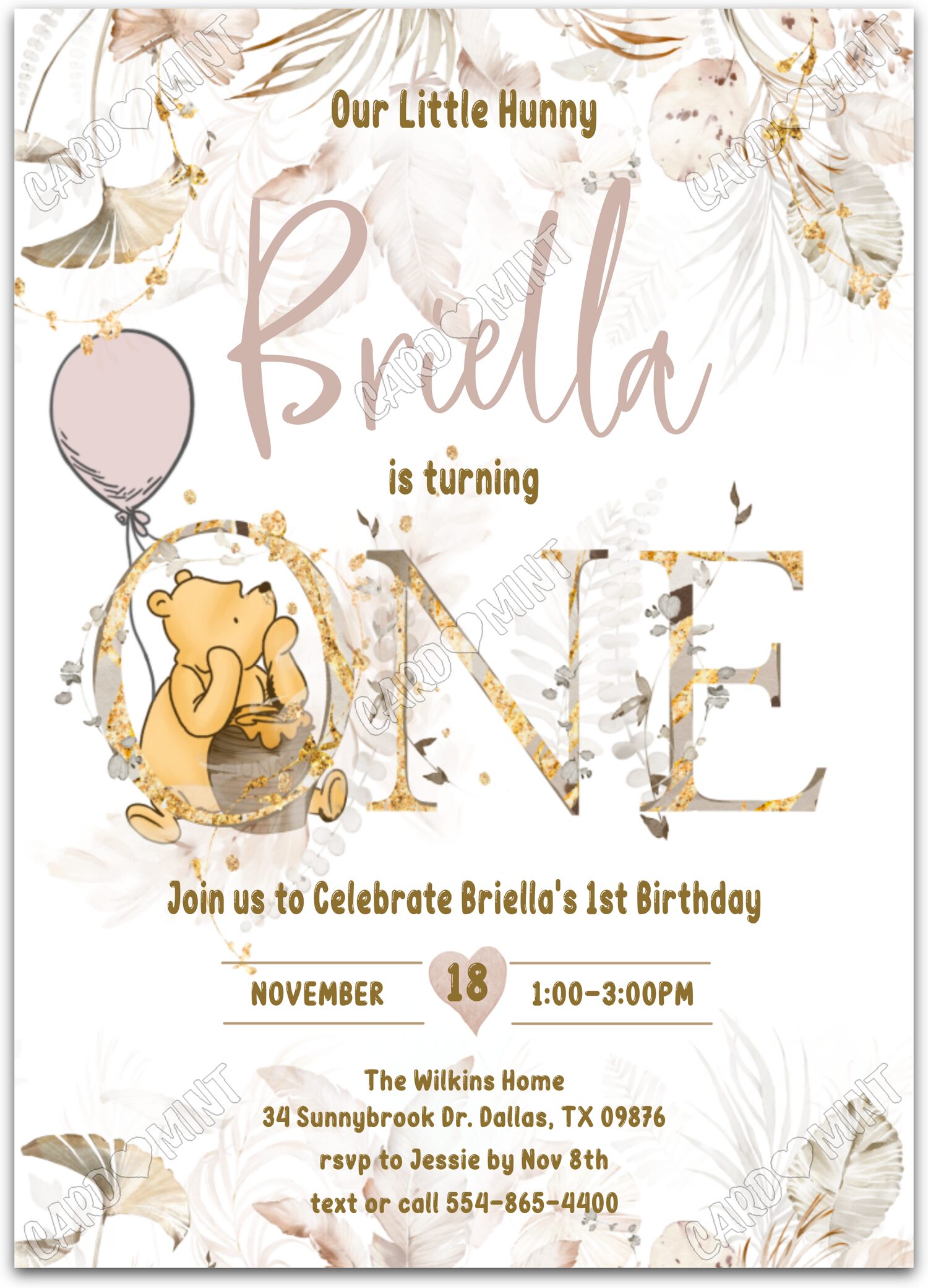 Editable Our Little Hunny beige classic Pooh & leaves girl First Birthday Party 5"x7" Invitation EV1511