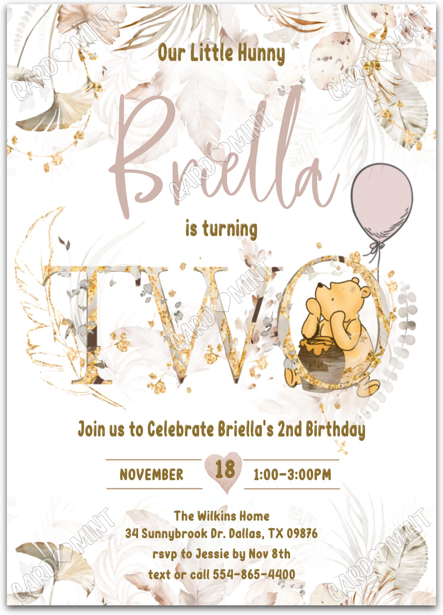 Editable Our Little Hunny gold Winnie the Pooh girl 2nd Birthday Party 5"x7" Invitation EV1512