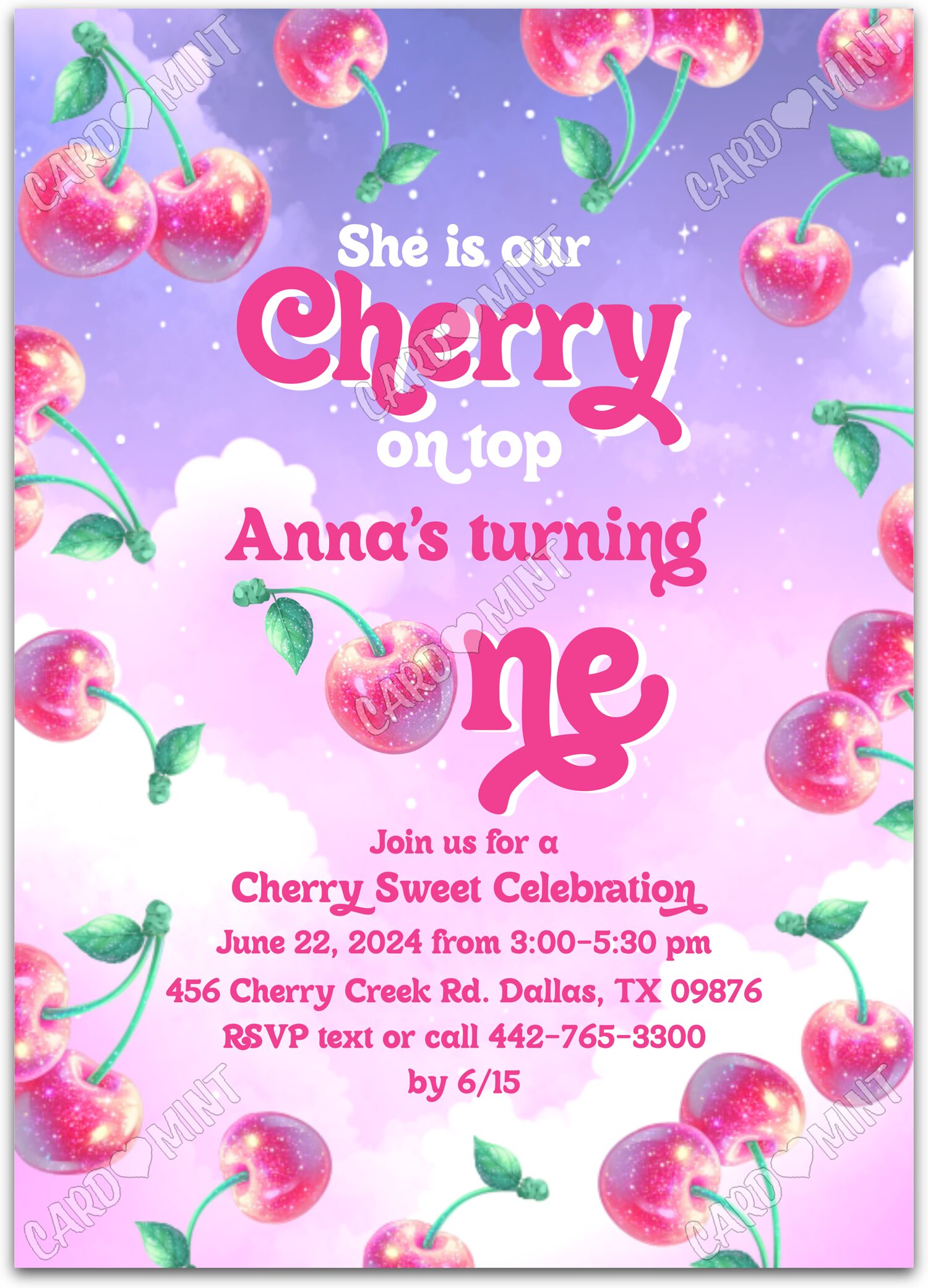 Editable Cherry on Top pink cherries & clouds girl First Birthday Party 5"x7" Invitation EV1531