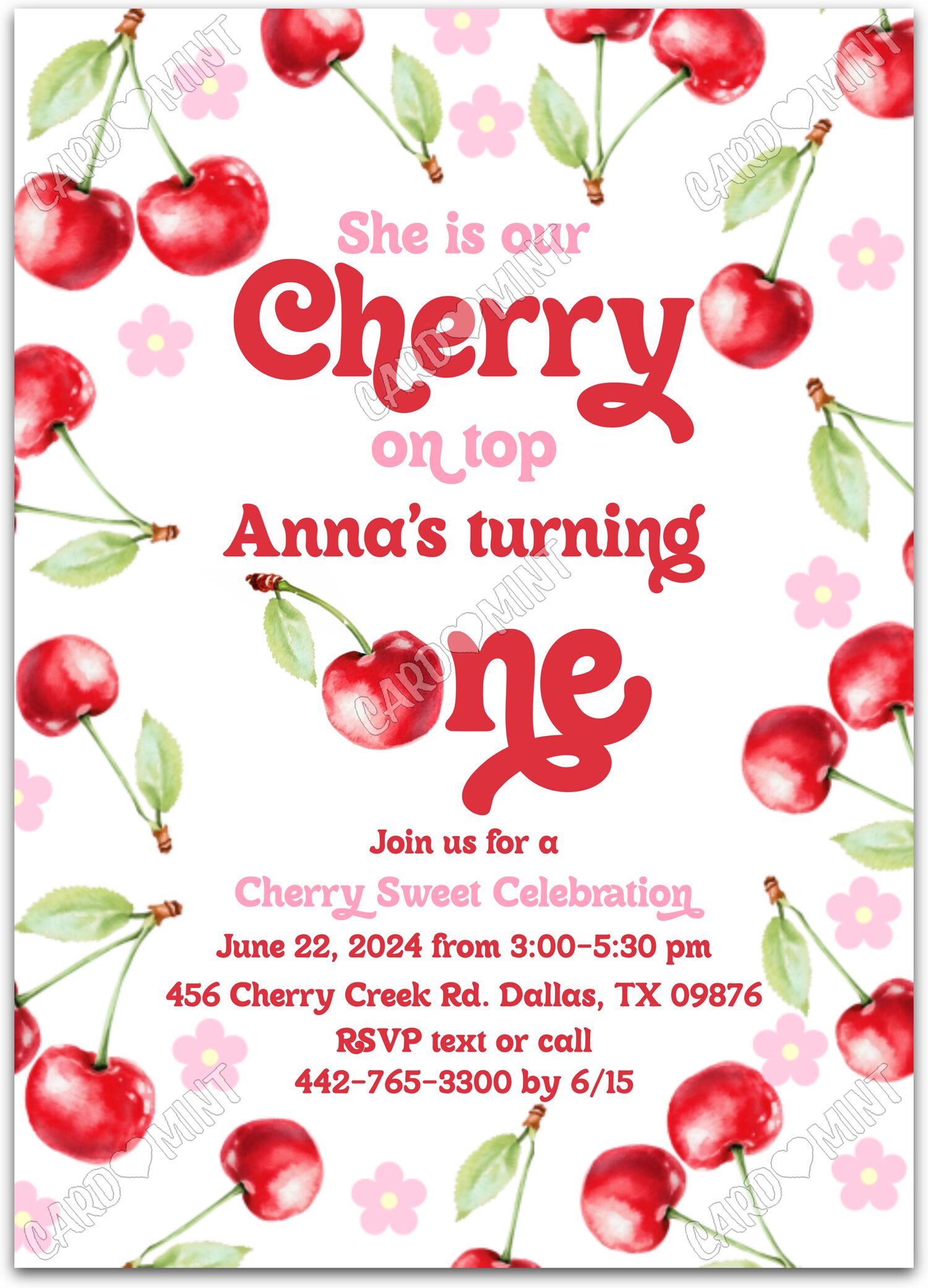 Editable Cherry on Top white cherries & pink flowers girl First Birthday Party 5"x7" Invitation EV1533