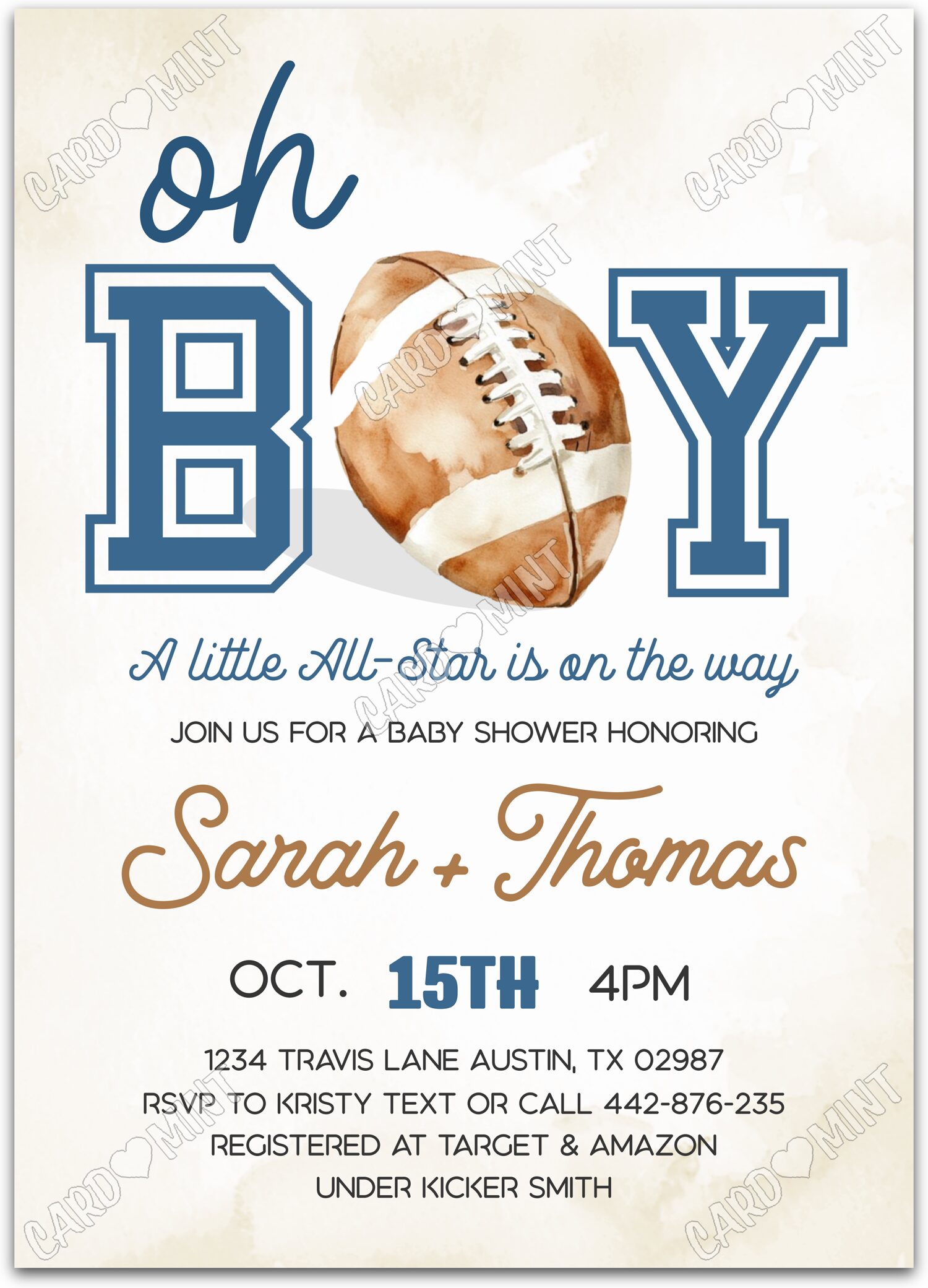 Editable A Little All-Star beige sports football boy Baby Shower 5"x7" Invitation EV1562