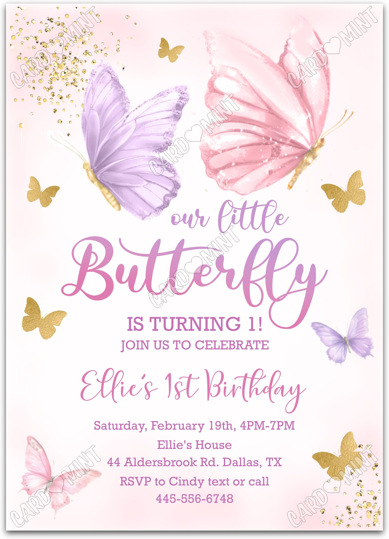 Editable Our Little Butterfly pink butterflies girl First Birthday Party 5"x7" Invitation EV1568