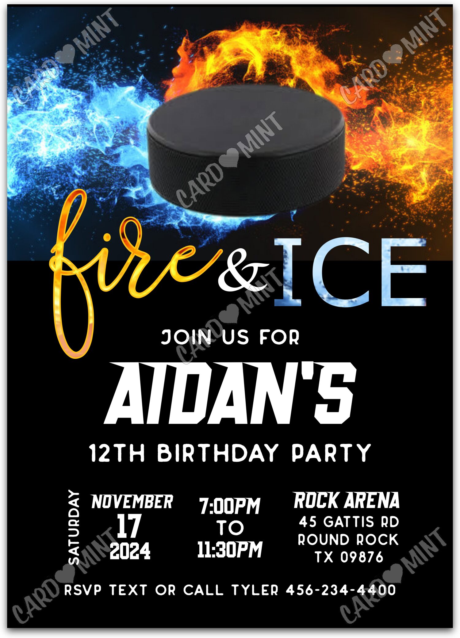 Editable Fire & Ice black hockey puck boy Birthday Party 5"x7" Invitation EV1571