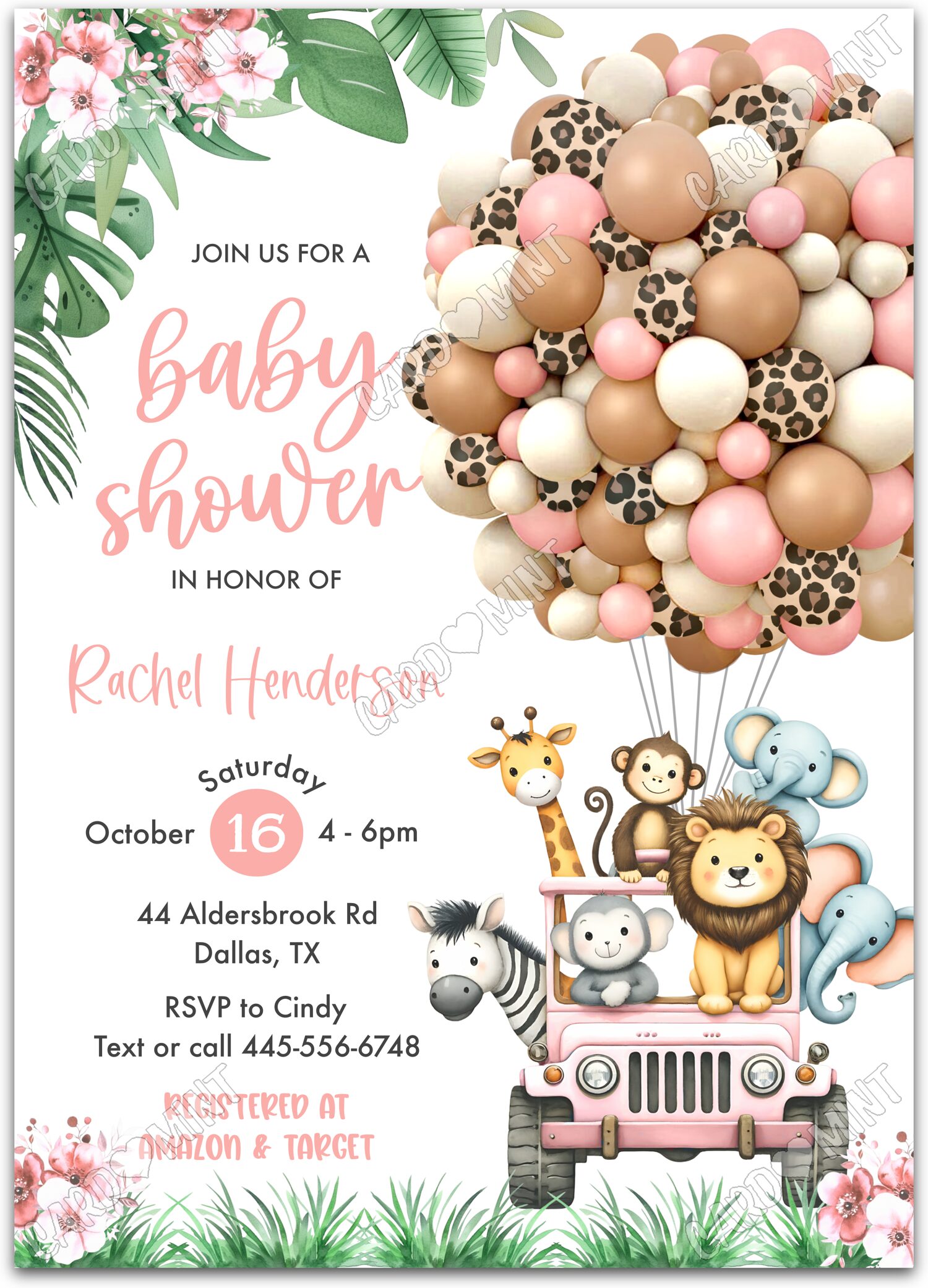 Editable Safari Baby Shower white wild animals girl Baby Shower 5"x7" Invitation EV1590
