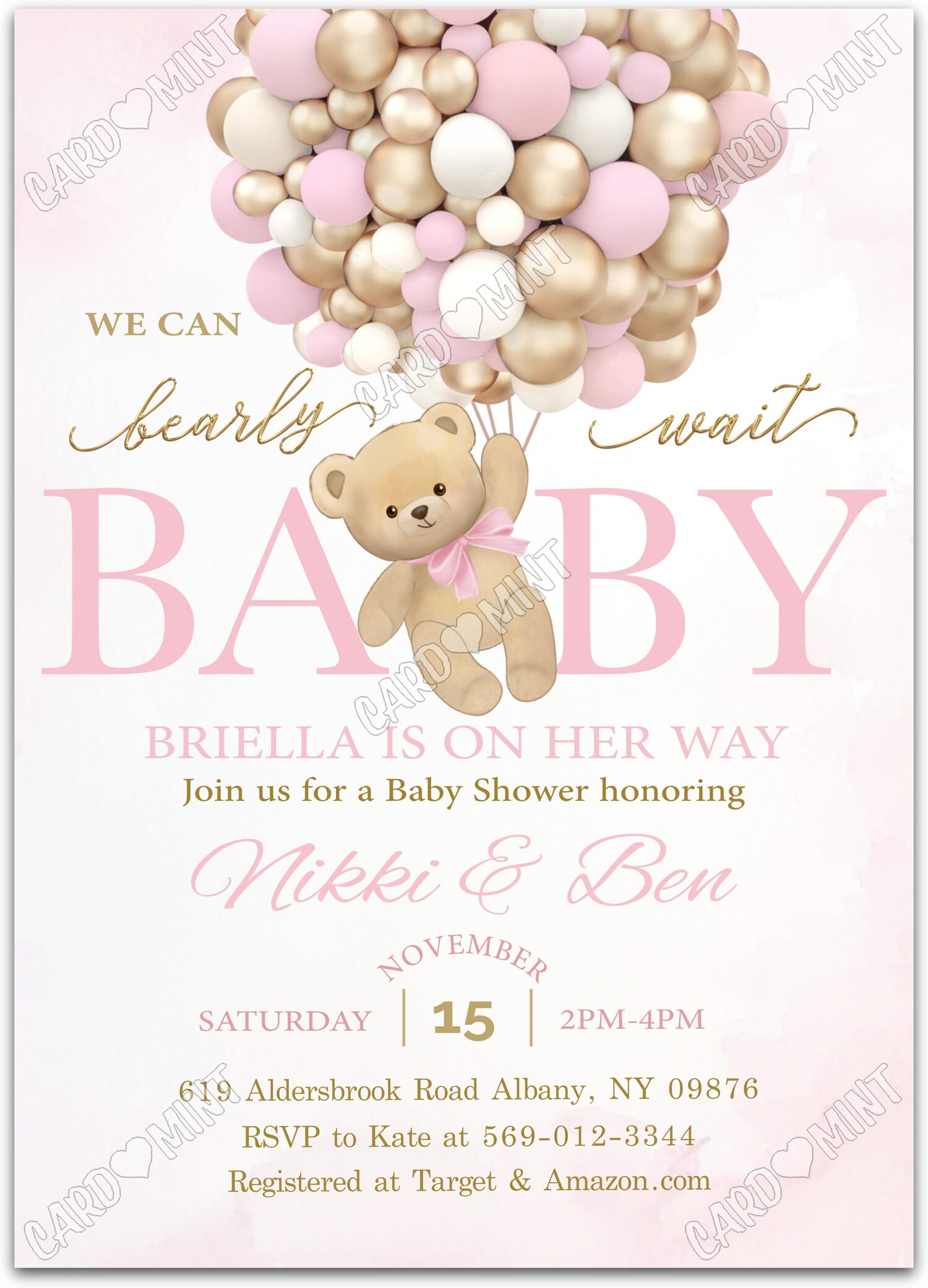 Editable Bearly Wait pink/gold teddy bear & balloons girl Baby Shower 5"x7" Invitation EV1598