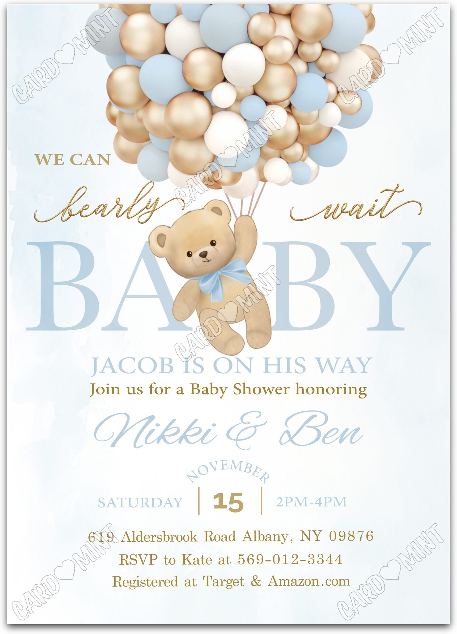 Editable Bearly Wait blue/gold teddy bear & balloons boy Baby Shower 5"x7" Invitation EV1599