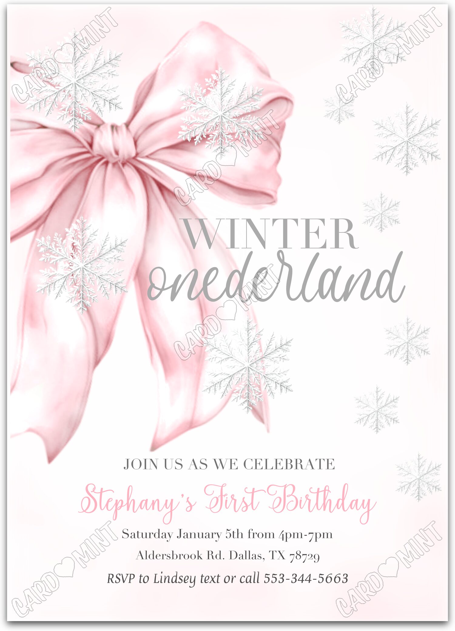 Editable Winter Onederland pink pink bow & snowflakes girl winter First Birthday Party 5"x7" Invitation EV1618