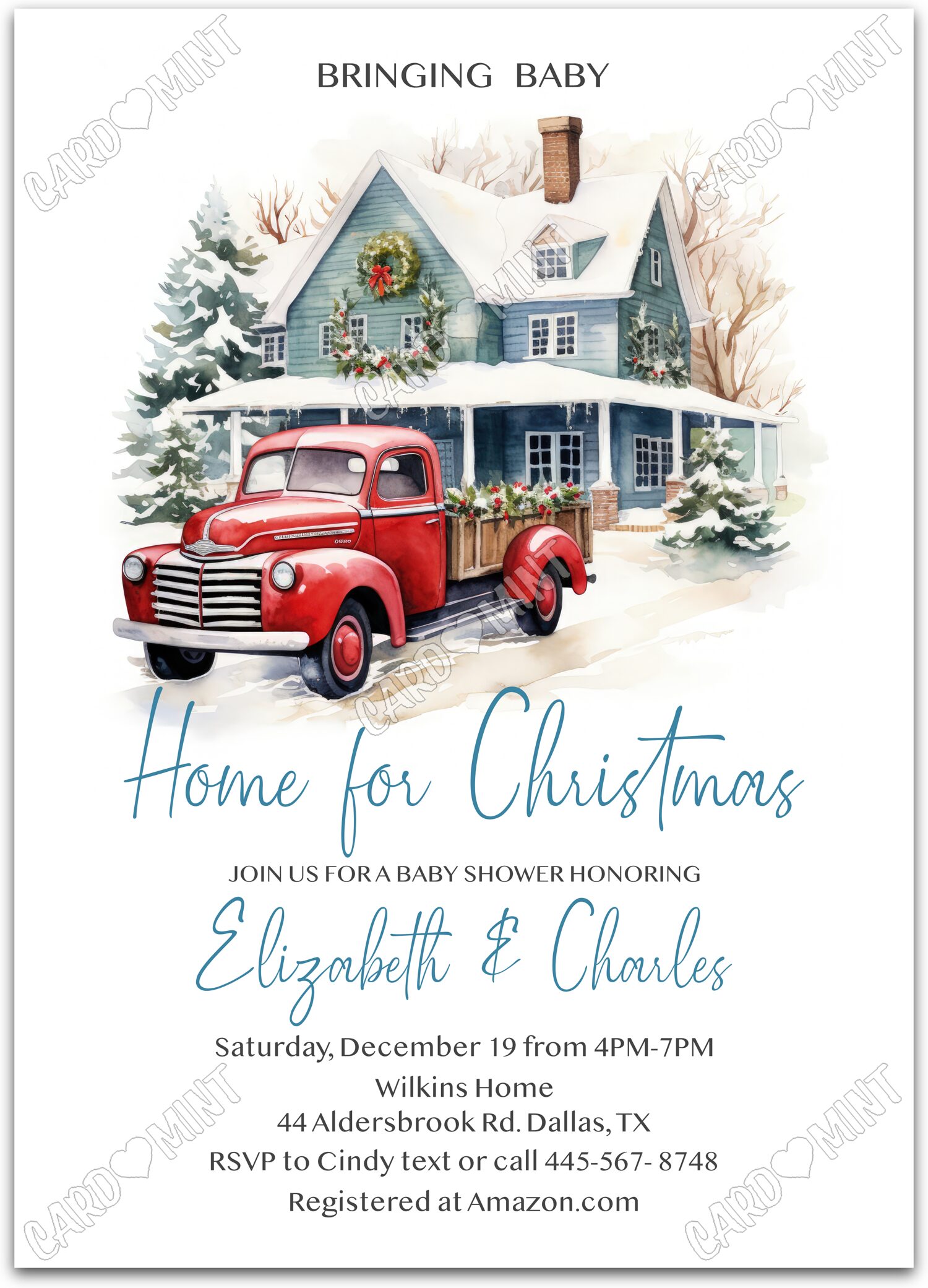Editable Home for Christmas white decorated home boy Christmas Baby Shower 5"x7" Invitation EV1628