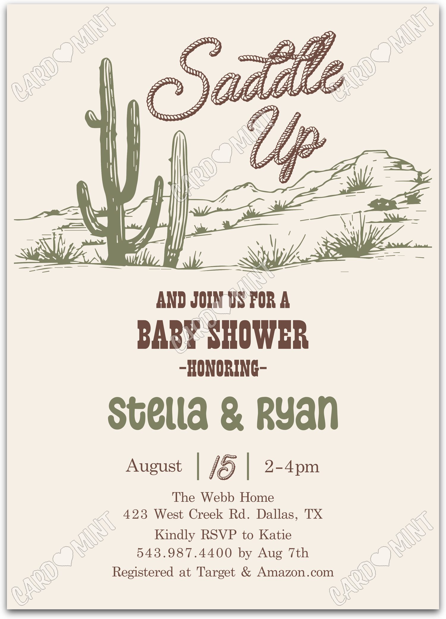 Editable Saddle Up beige desertscape boy Baby Shower 5"x7" Invitation EV1638