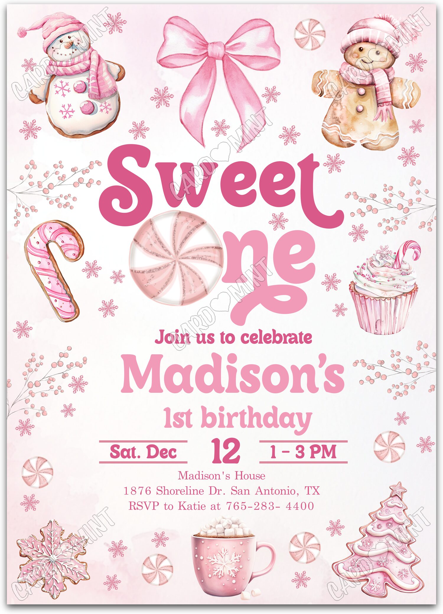 Editable Sweet One pink winter sweets girl First Birthday Party 5"x7" Invitation EV1643