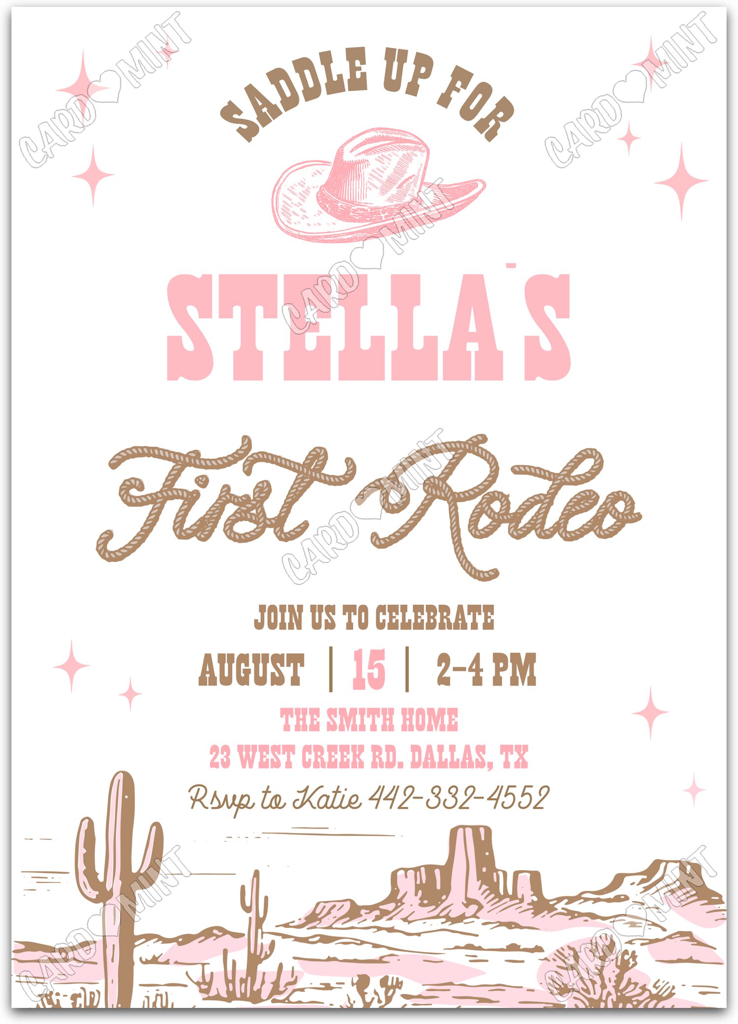 Editable First Rodeo white cowgirl desertscape girl First Birthday Party 5"x7" Invitation EV1645