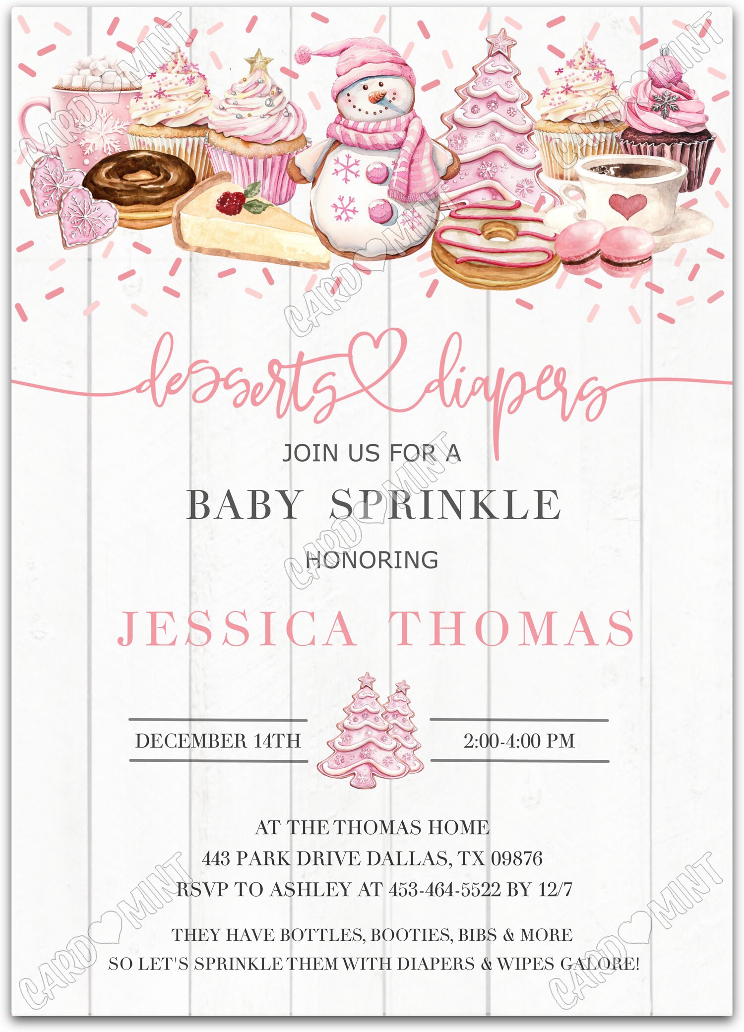 Editable Desserts and Diapers white winter desserts girl Baby Sprinkle Invitation EV1647