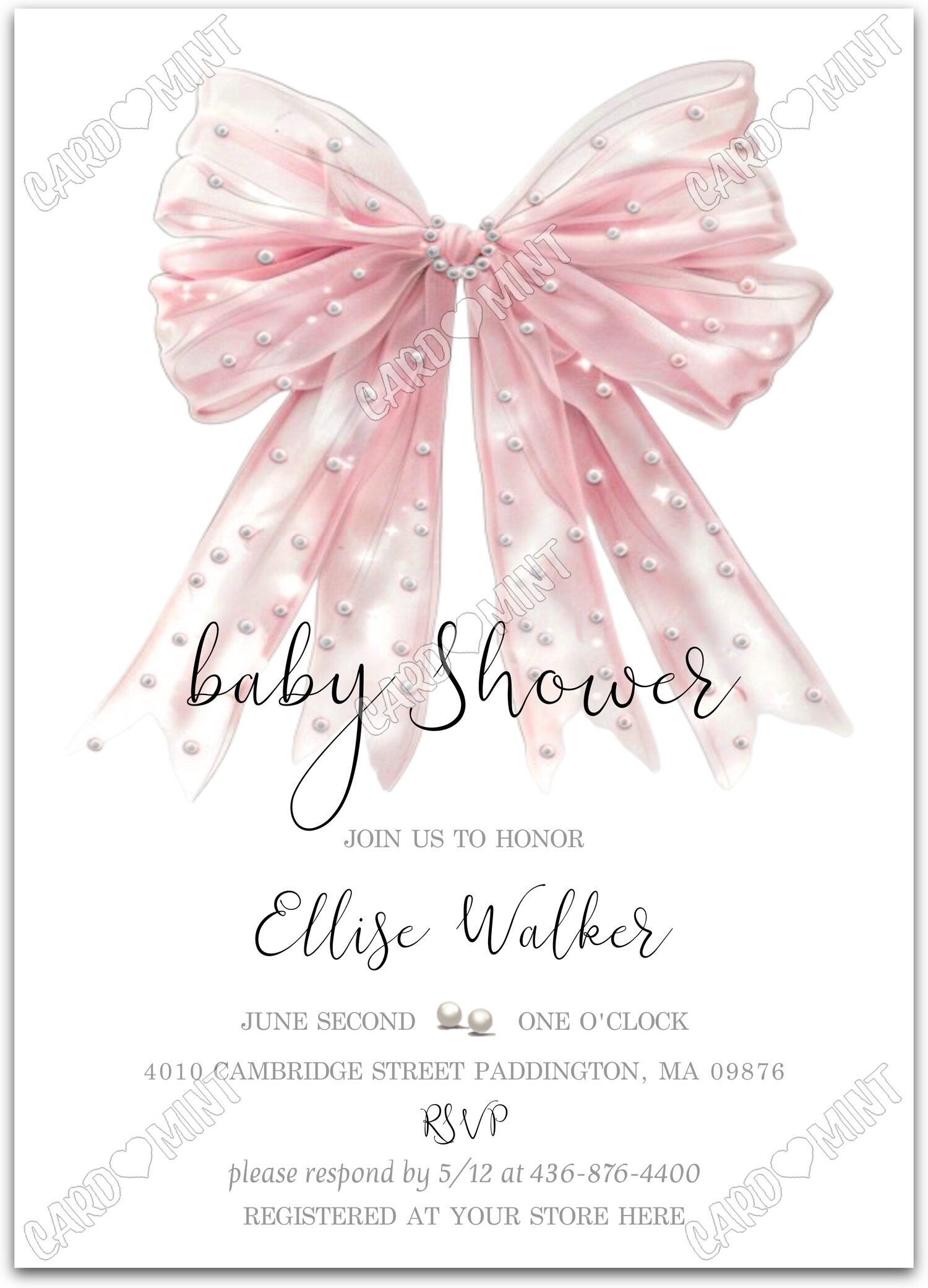 Editable Baby Shower white pink bow w/pearls girl Baby Shower Invitation EV1651