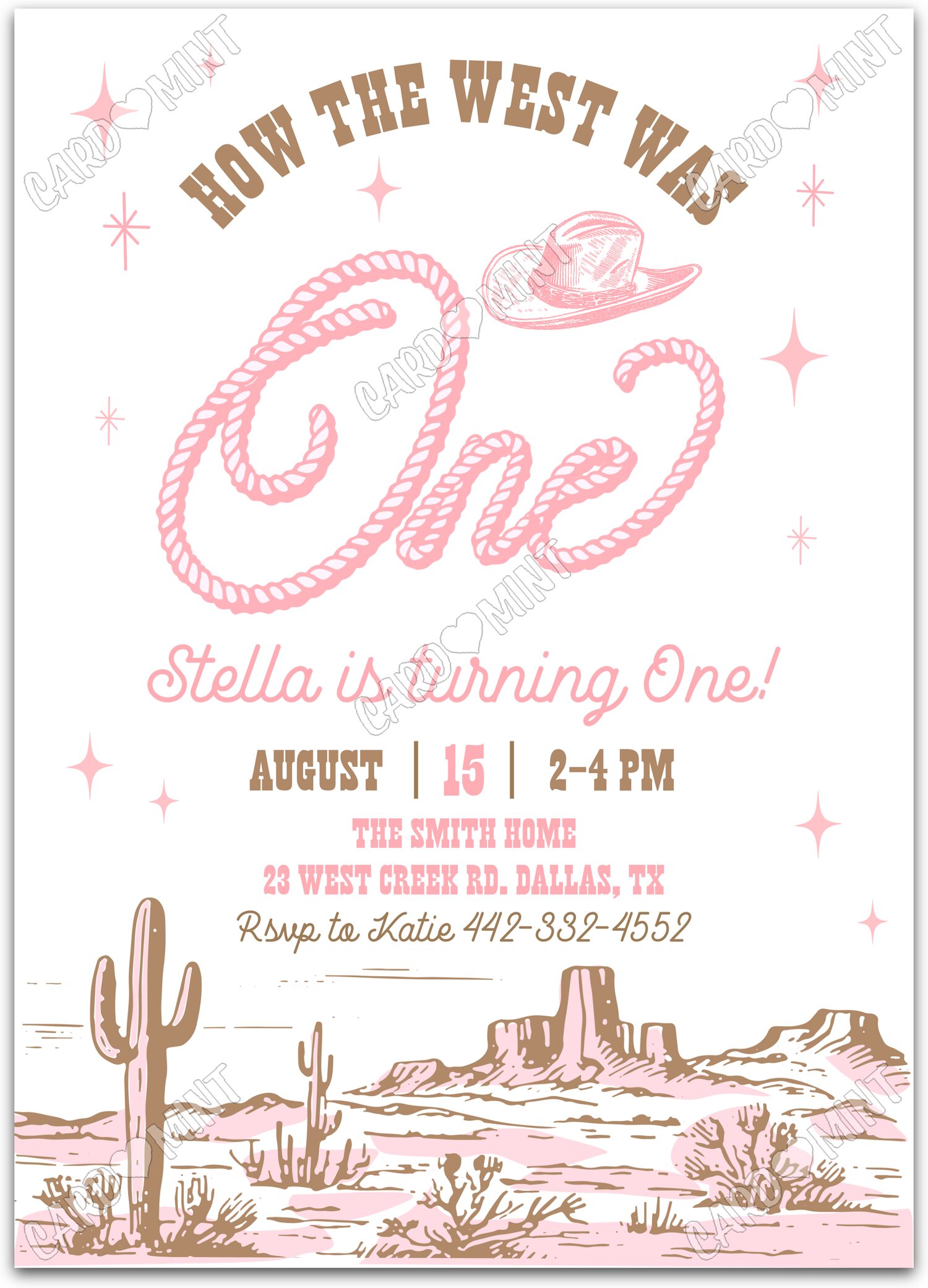 Editable How The West Was ONE white western desertscape girl First Birthday Party 5"x7" Invitation EV1662