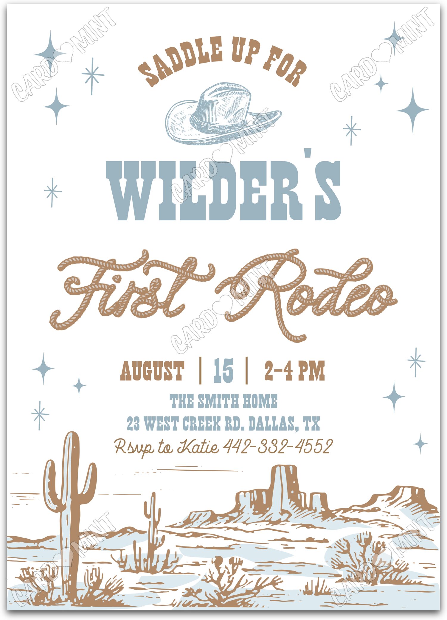 Editable First Rodeo white desertscape boy First Birthday Party 5"x7" Invitation EV1663