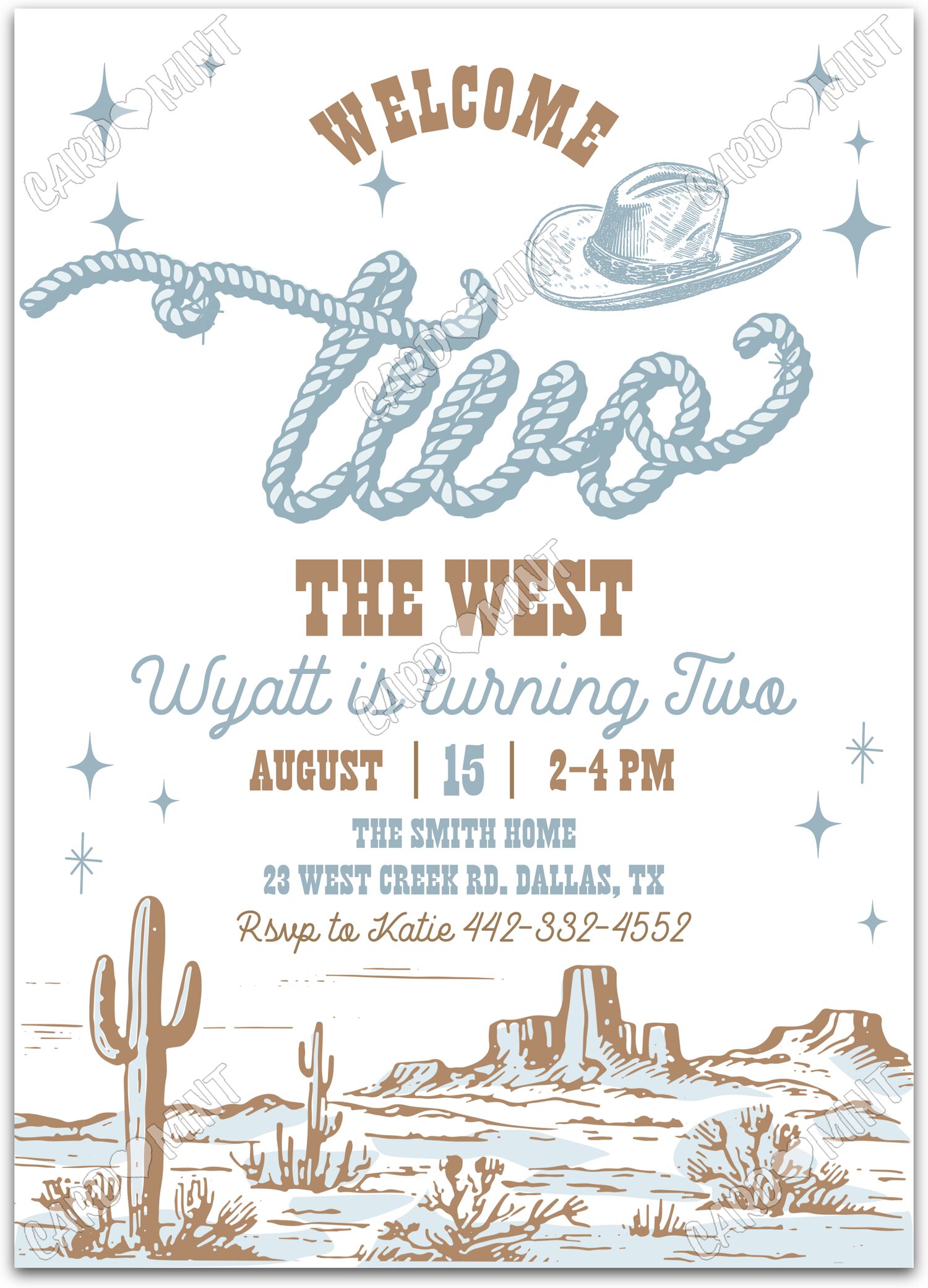 Editable Welcome TWO The West white desertscape boy 2nd Birthday Party 5"x7" Invitation EV1664