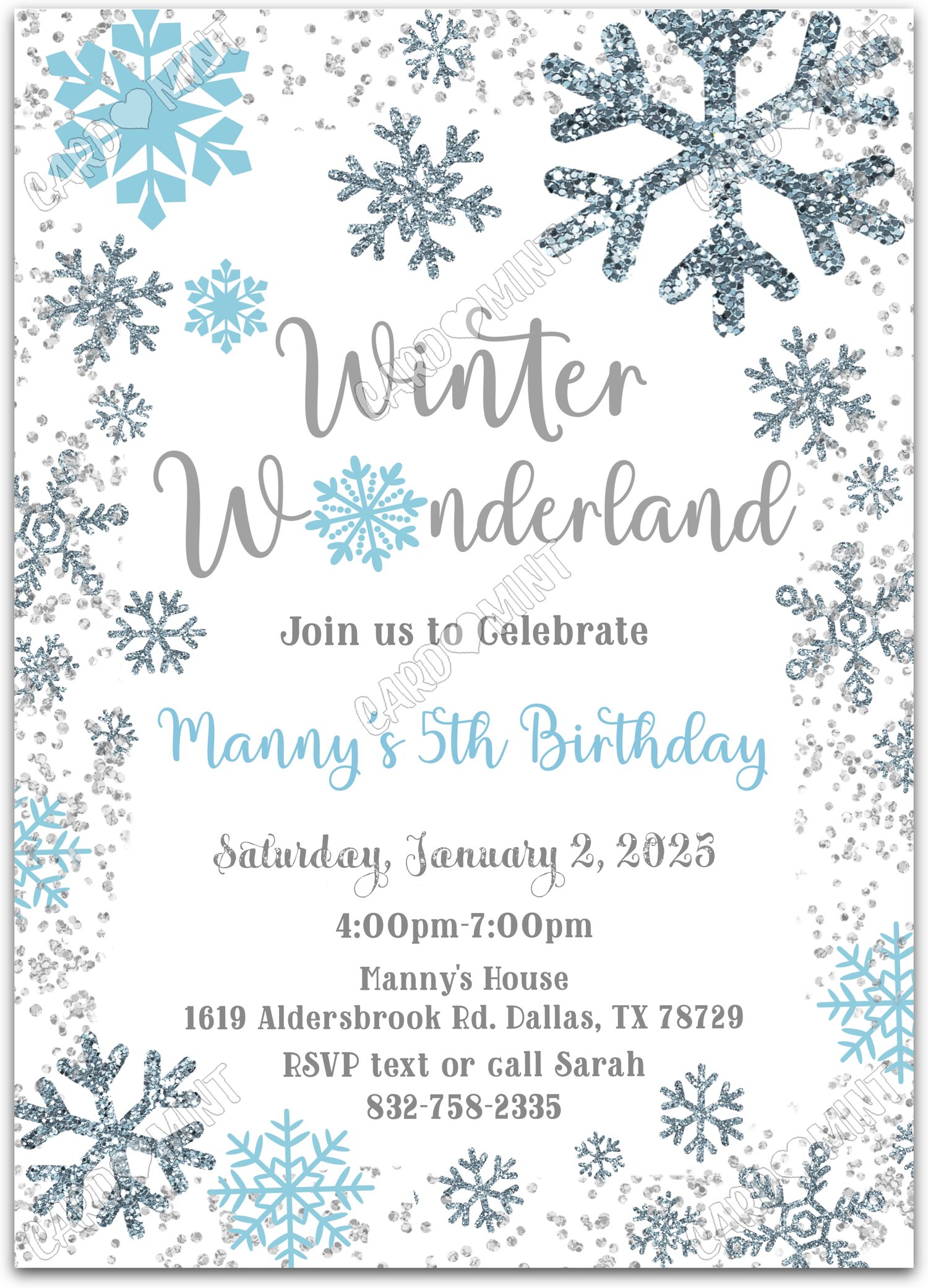 Editable Winter Wonderland white blue & silver snowflakes boy Birthday Party 5"x7" Invitation EV1672