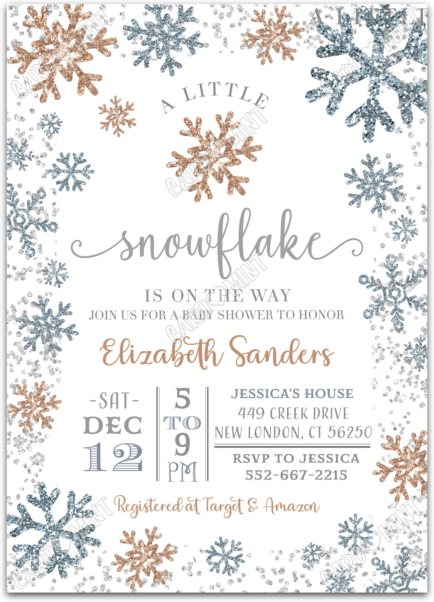 Editable A Little Snowflake white snowflakes neutral Baby Shower 5"x7" Invitation EV1674