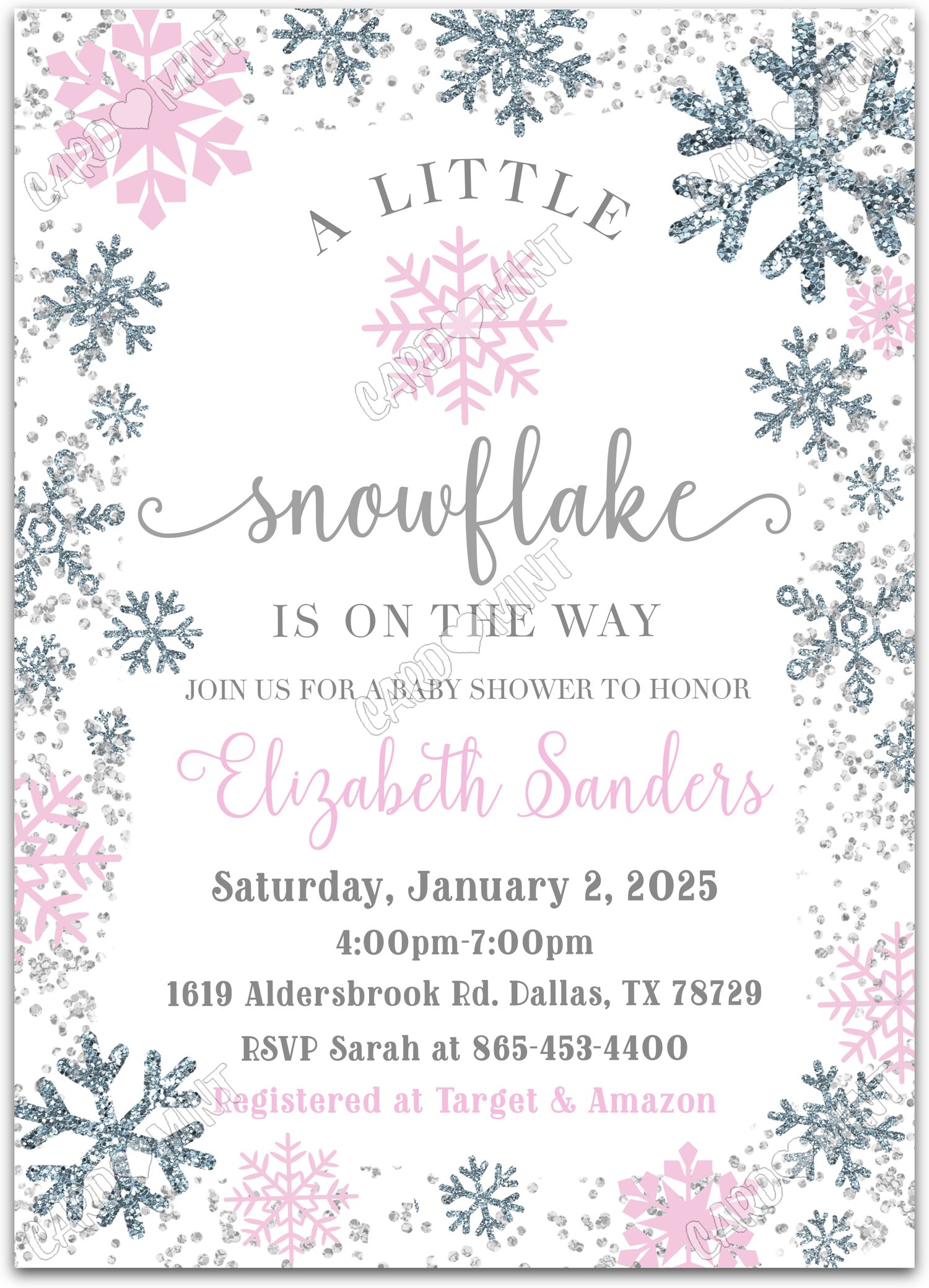 Editable A Little Snowflake white pink & silver snowflakes girl winter Baby Shower 5"x7" Invitation EV1677