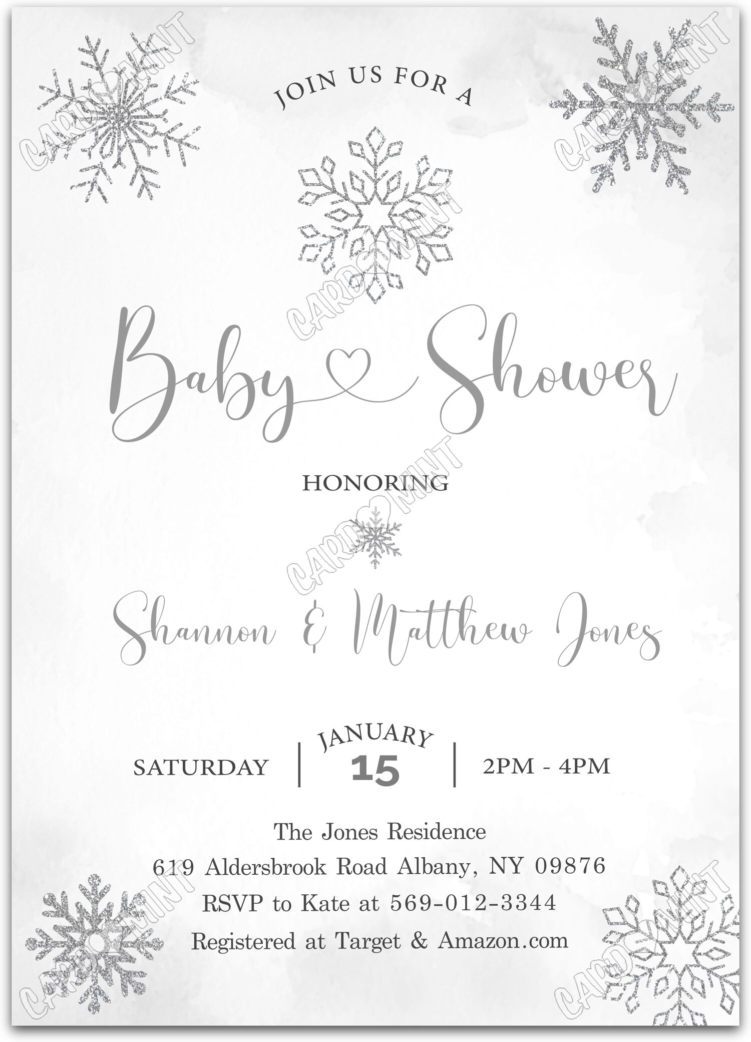 Editable Silver Snowflakes white silver snowflakes neutral Baby Shower 5"x7" Invitation EV1680